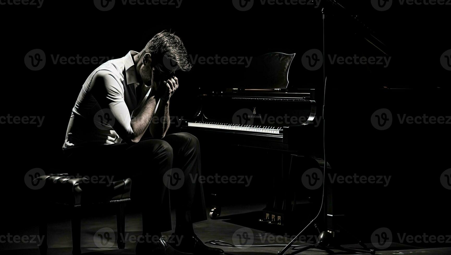 Young man playing grand piano on black background. Black and white photo. AI Generated. photo