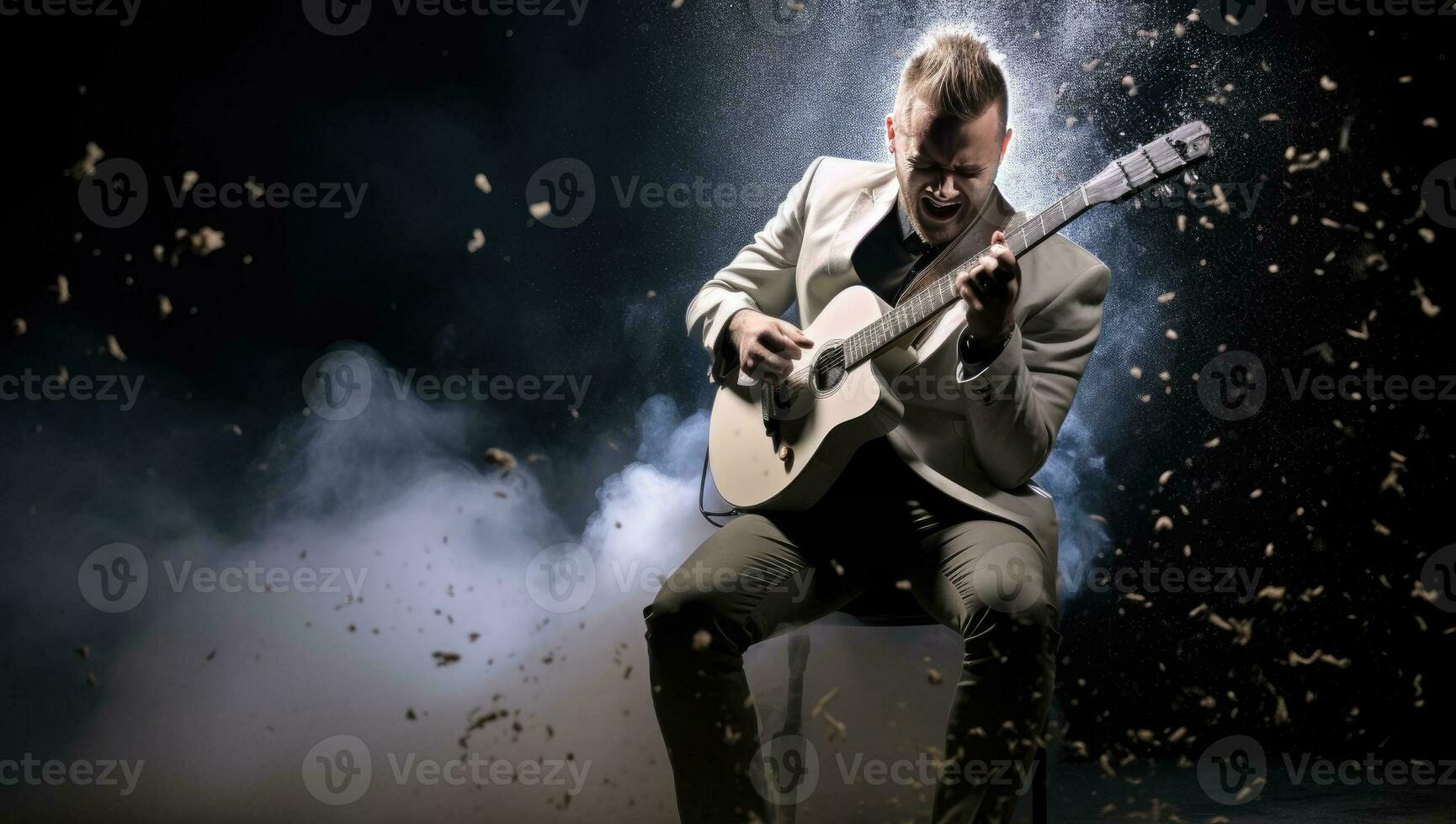 Young man playing the guitar on a dark background with clouds of smoke. AI Generated. photo