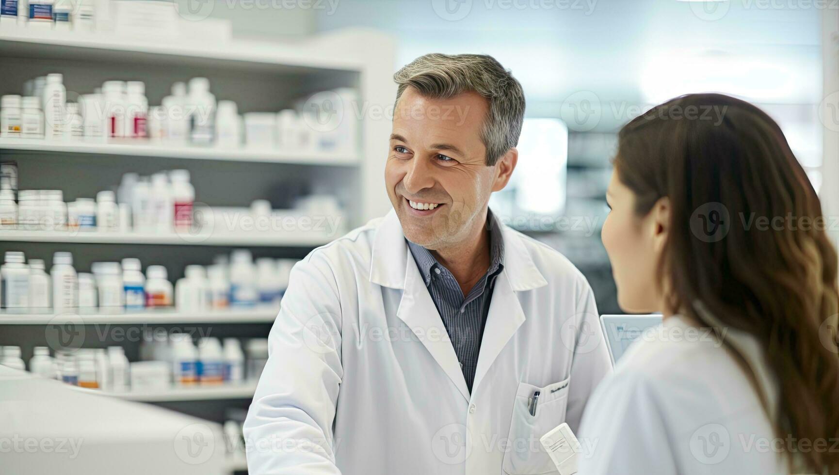 retrato de sonriente masculino farmacéutico y hembra asistente trabajando en farmacia. ai generado. foto