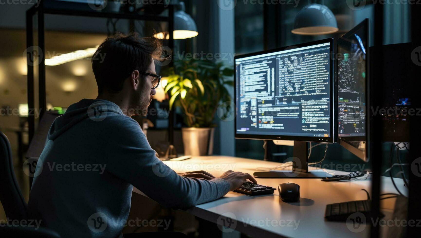 Side view of male programmer working on computer late at night in office. AI Generated. photo