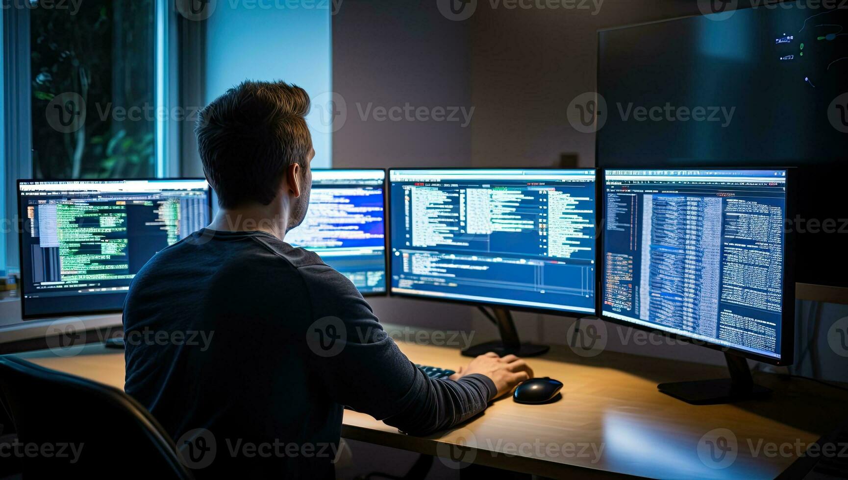 programador trabajando en un computadora en un oscuro oficina tarde a noche. ai generado. foto