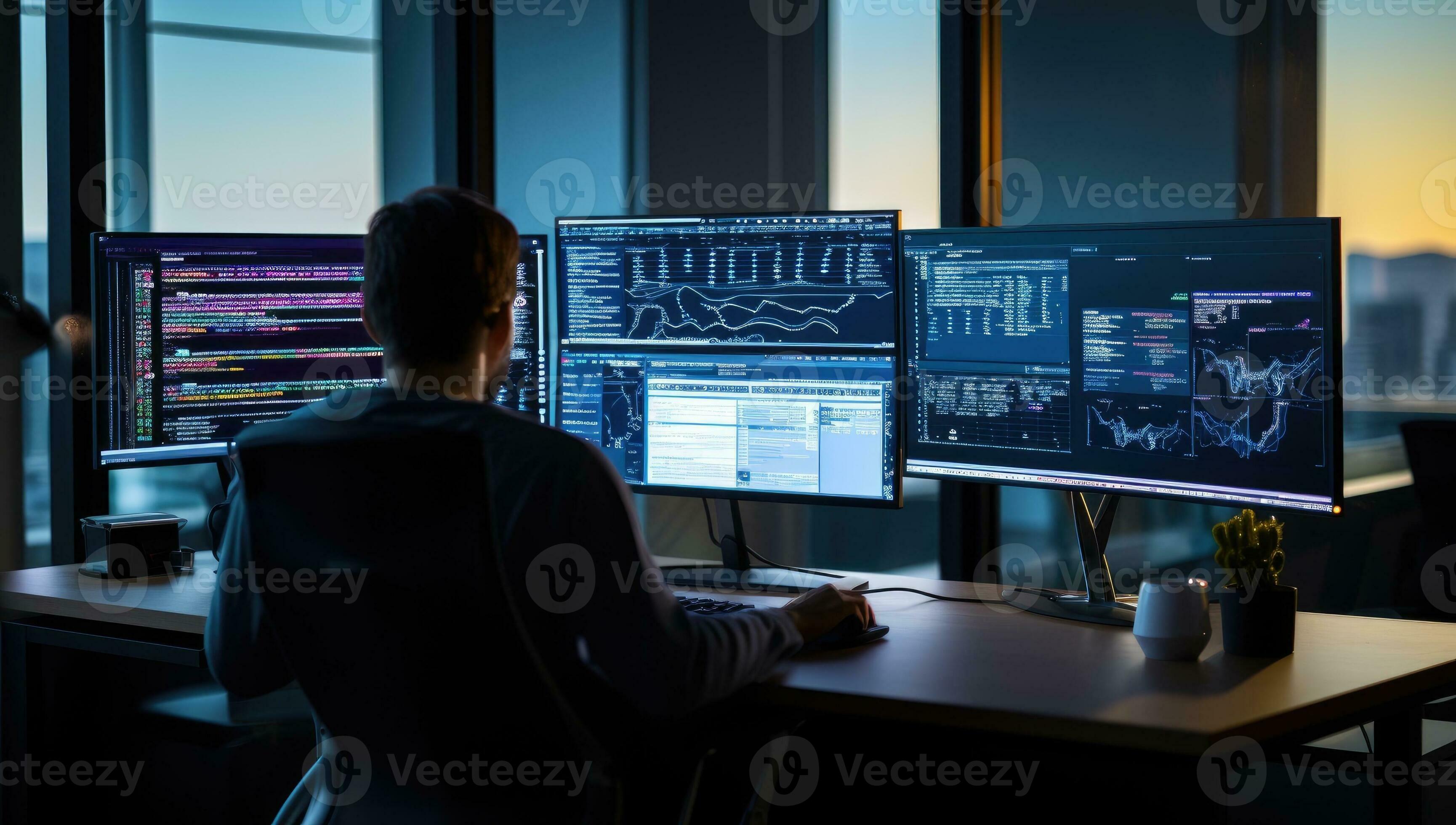 Programmer working on multiple computer screens in dark office at night ...