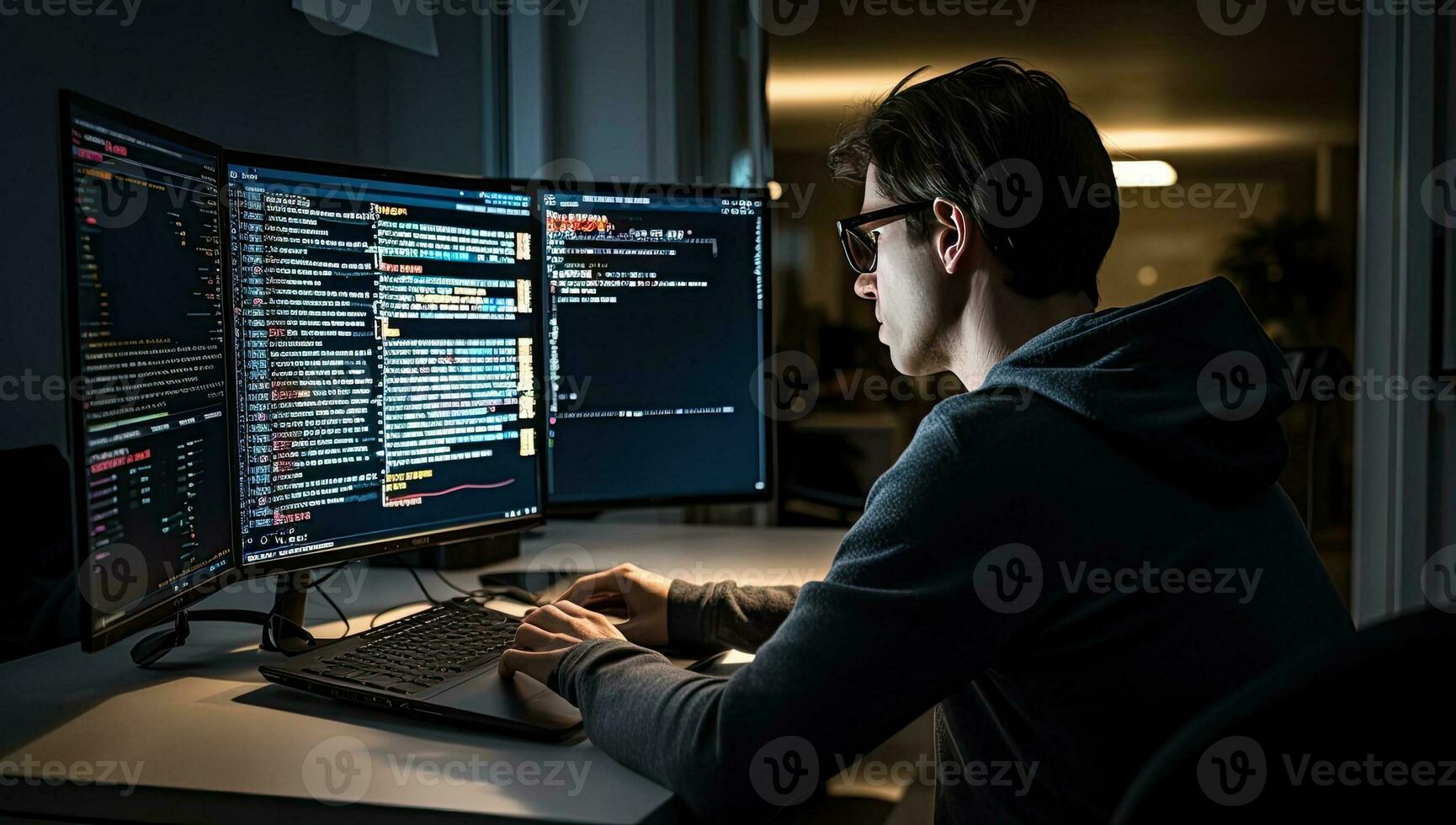 Programmer working on a computer late at night in a dark office. AI Generated. photo