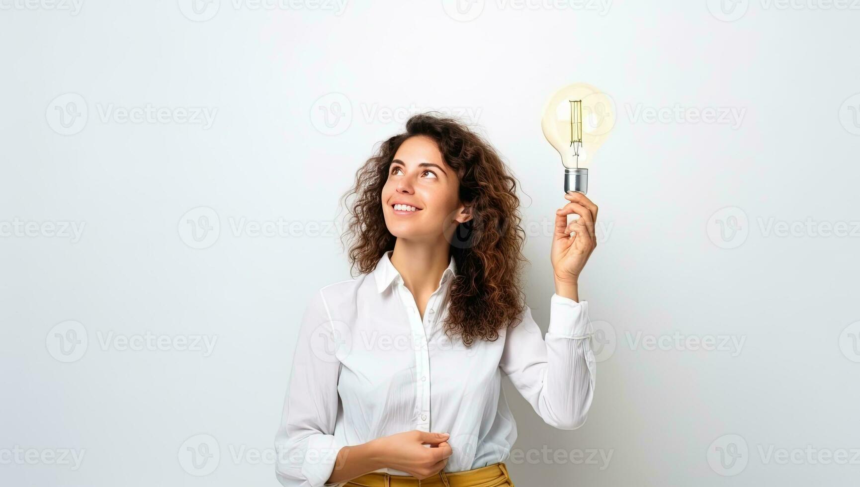 Young woman with light bulb on white wall holding on to a good idea. AI Generated. photo