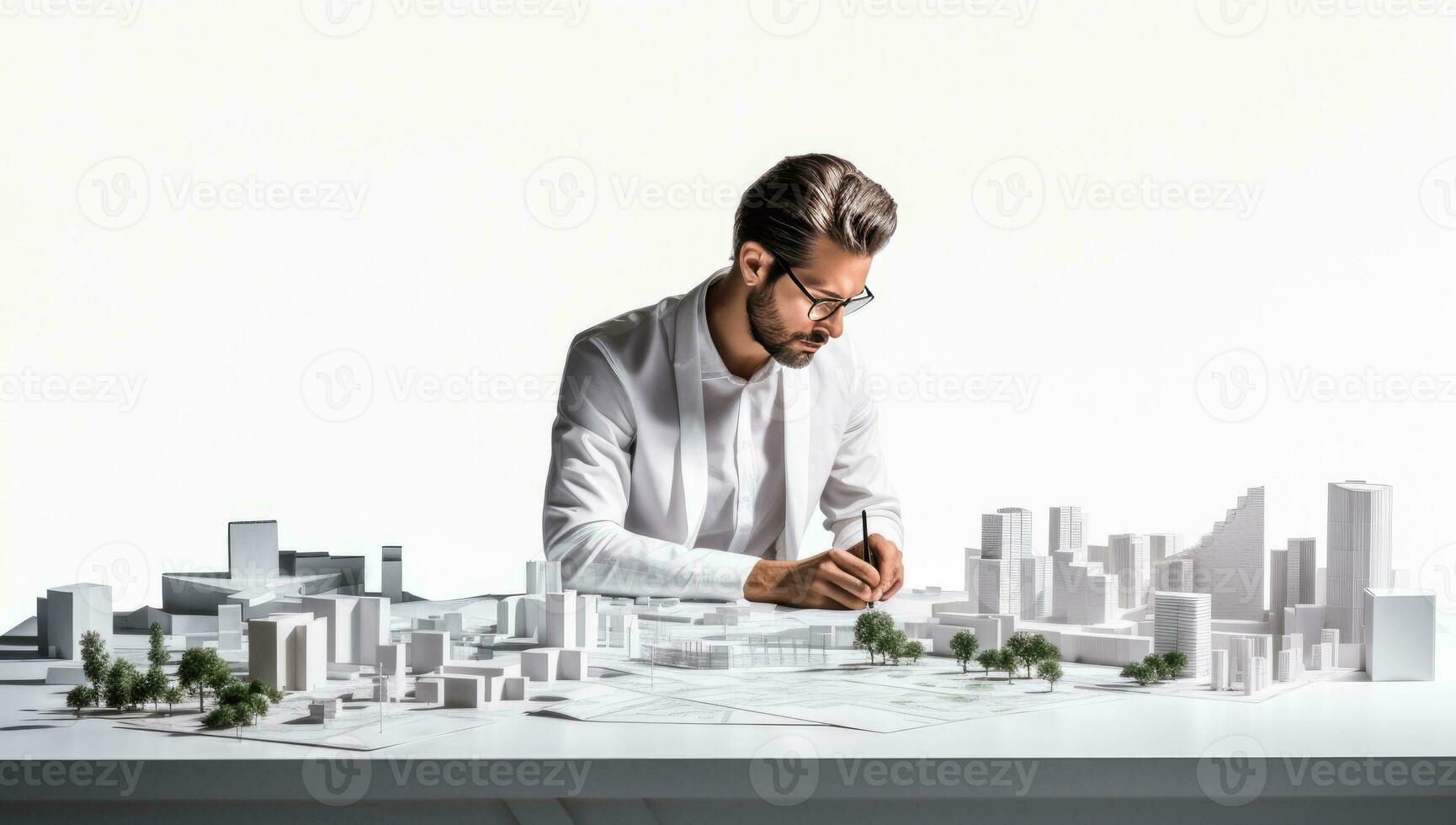 construcción y desarrollo concepto. hombre en blanco camisa y los anteojos sentado a mesa con modelo de ciudad en blanco antecedentes. ai generado. foto