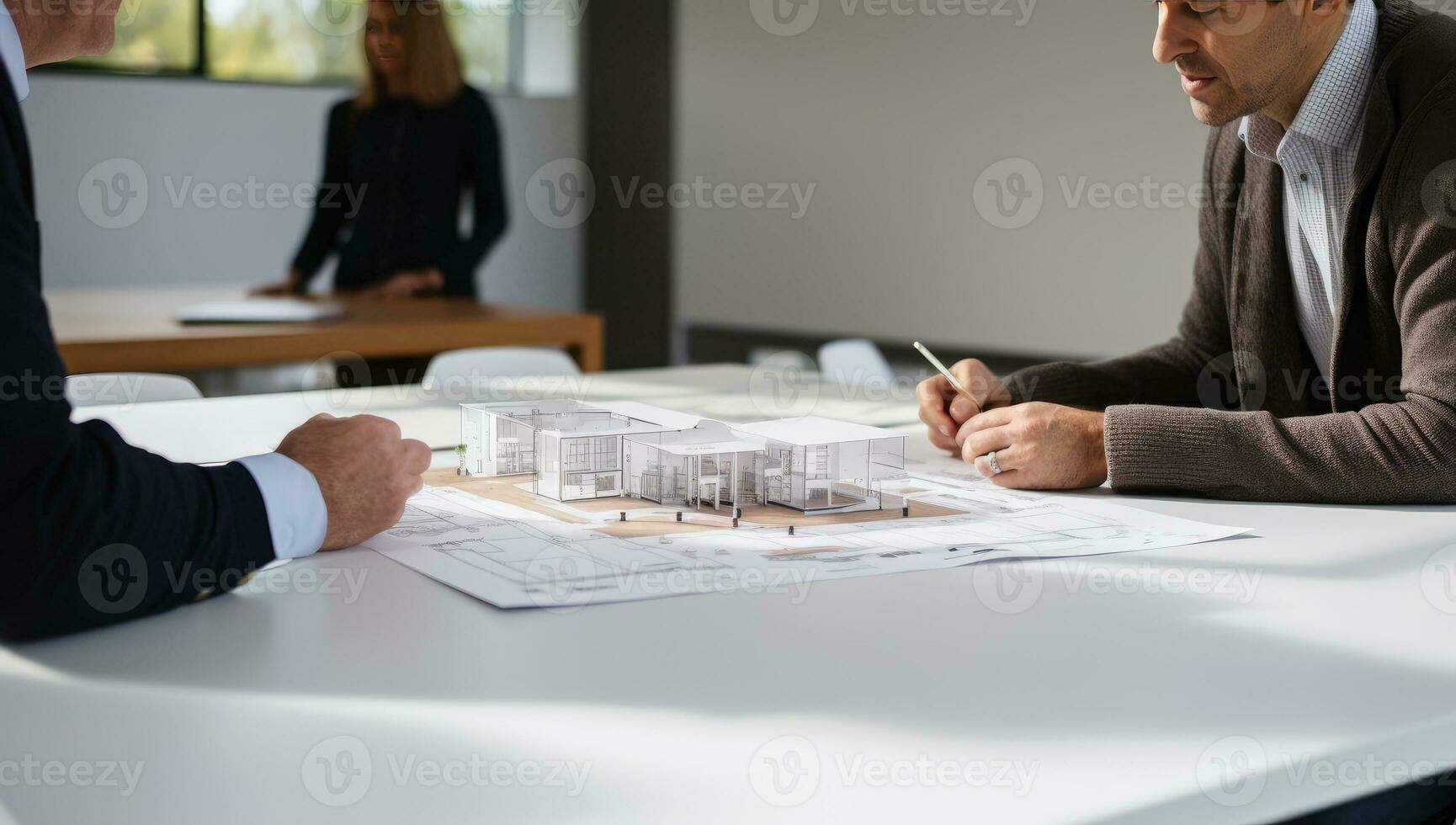 Architect working on blueprint at desk in office. Construction concept. AI Generated. photo
