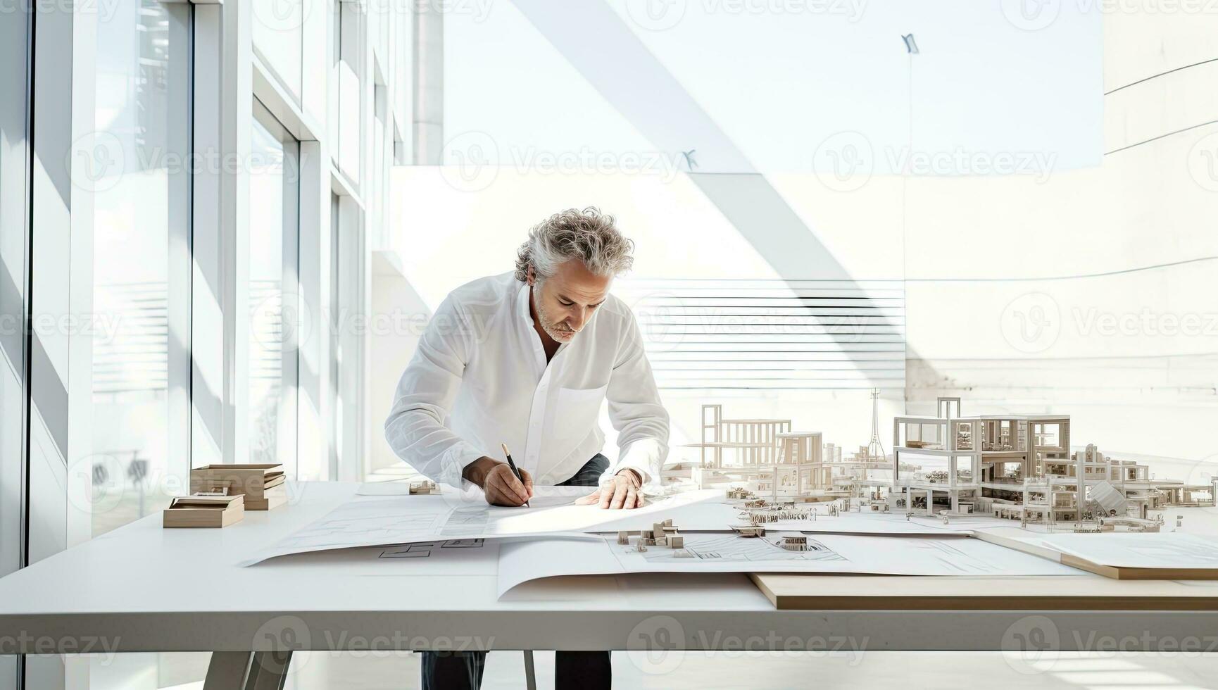 Architect working on blueprint at table in office. Architectural project. AI Generated. photo