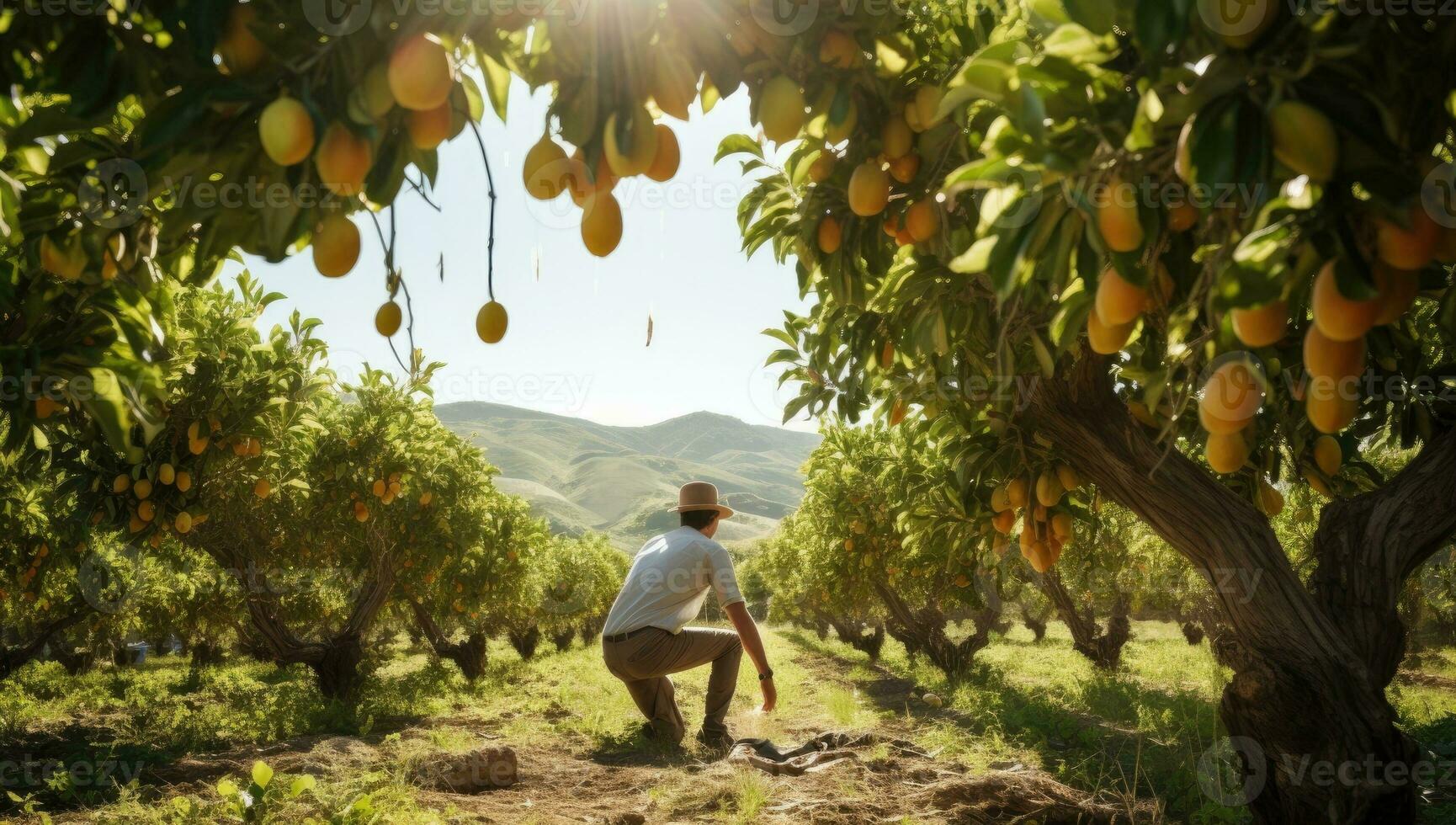 Man picking oranges in the orchard. AI Generated. photo