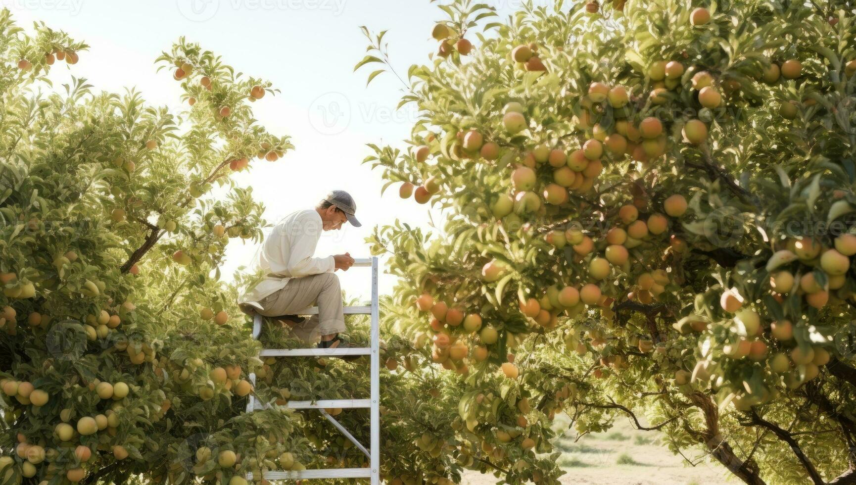 Senior man on ladder picking ripe fruits in orchard on a sunny day. AI Generated. photo