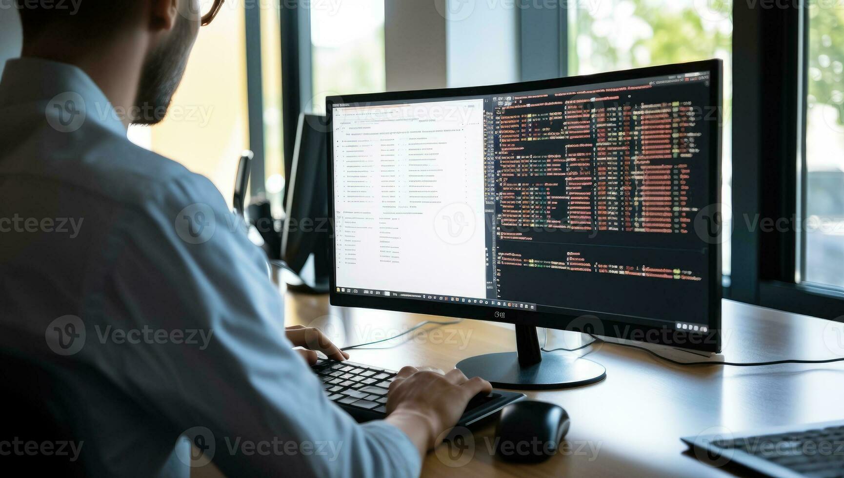 Programmer working on computer in office. Programmer coding code on computer screen. Software development concept. AI Generated. photo