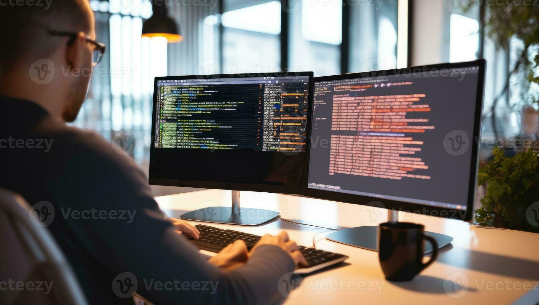 Programmer working on computer at night in dark office. Programmer typing program code. AI Generated. photo