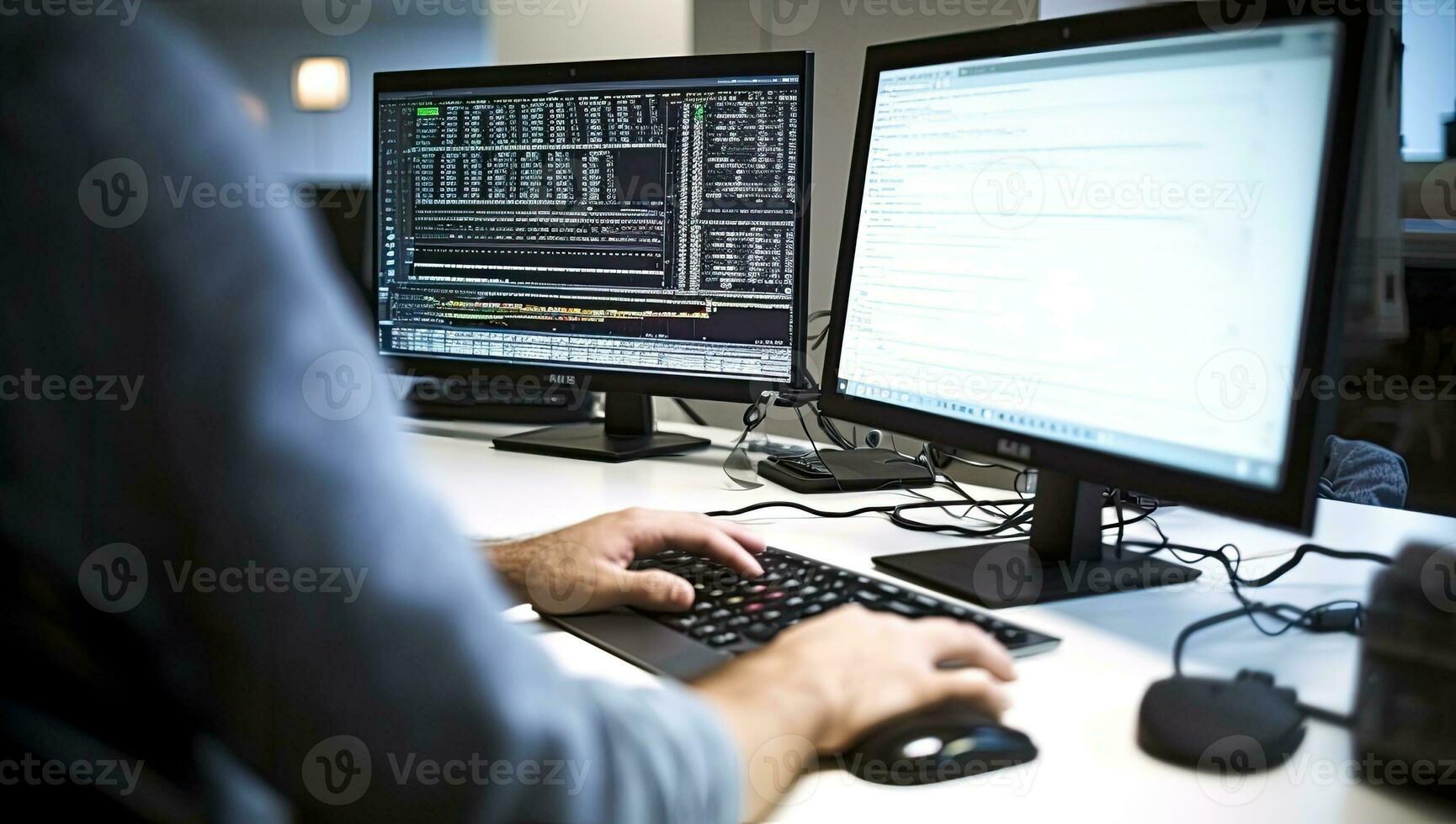 programador trabajando en computadora en un software desarrollando compañía. programador mecanografía codigos en un computadora. ai generado. foto