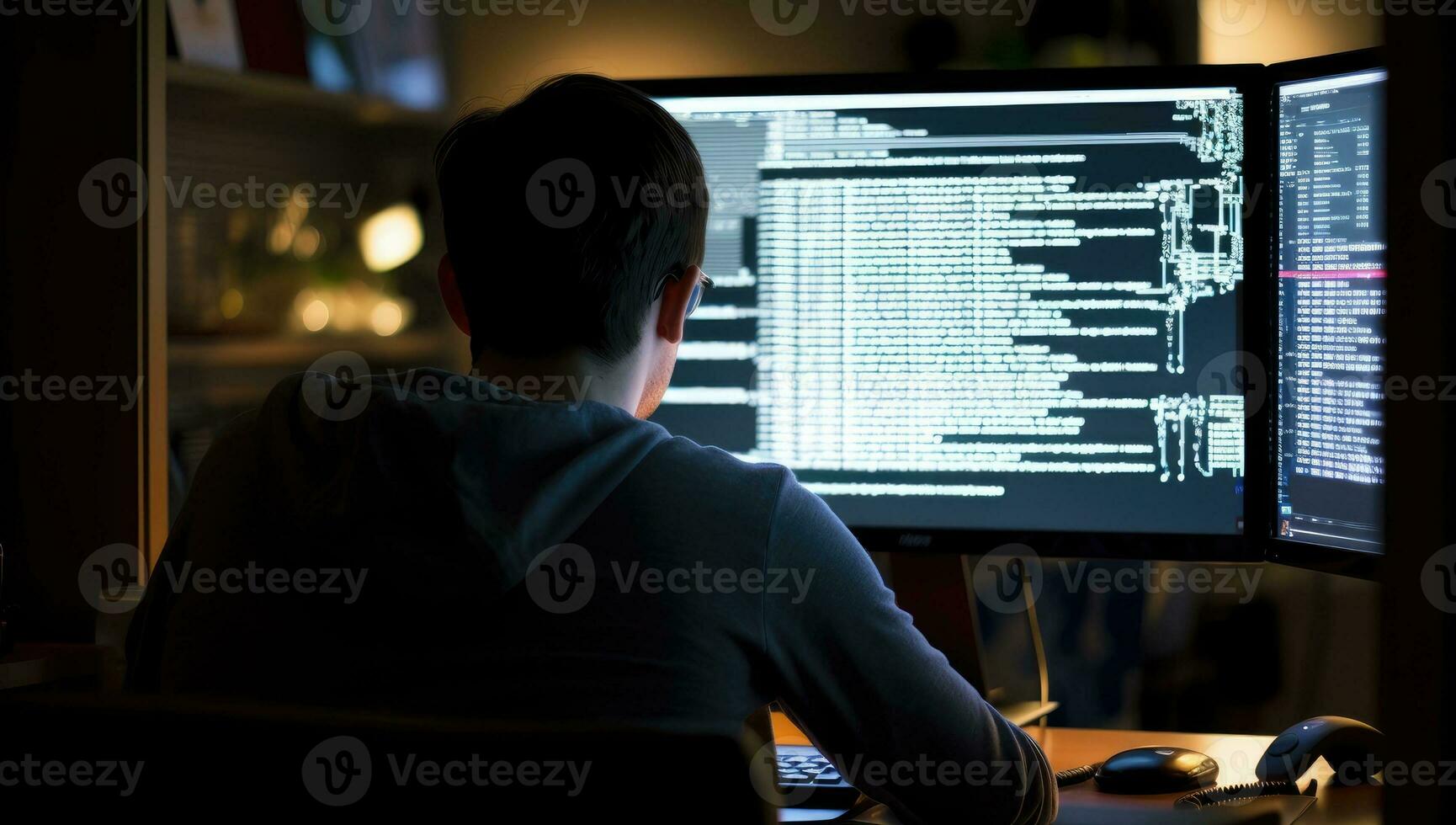 Back view of a man sitting in front of a computer monitor and working late at night. AI Generated. photo