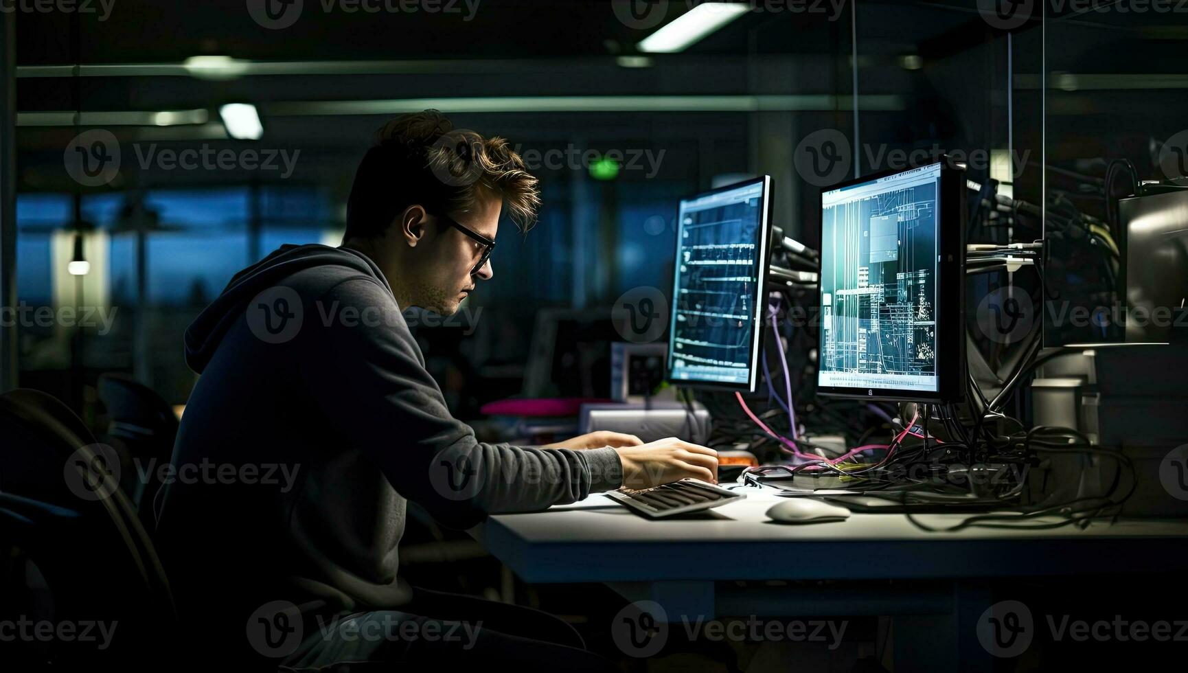 Programmer working on a computer late at night in a dark office. AI Generated. photo