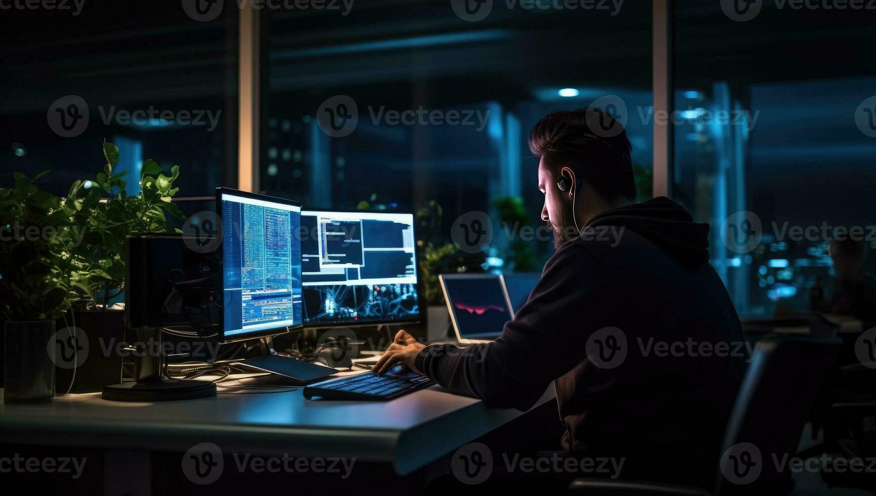 Side view of hacker using computer while sitting in dark office at night. AI Generated. photo