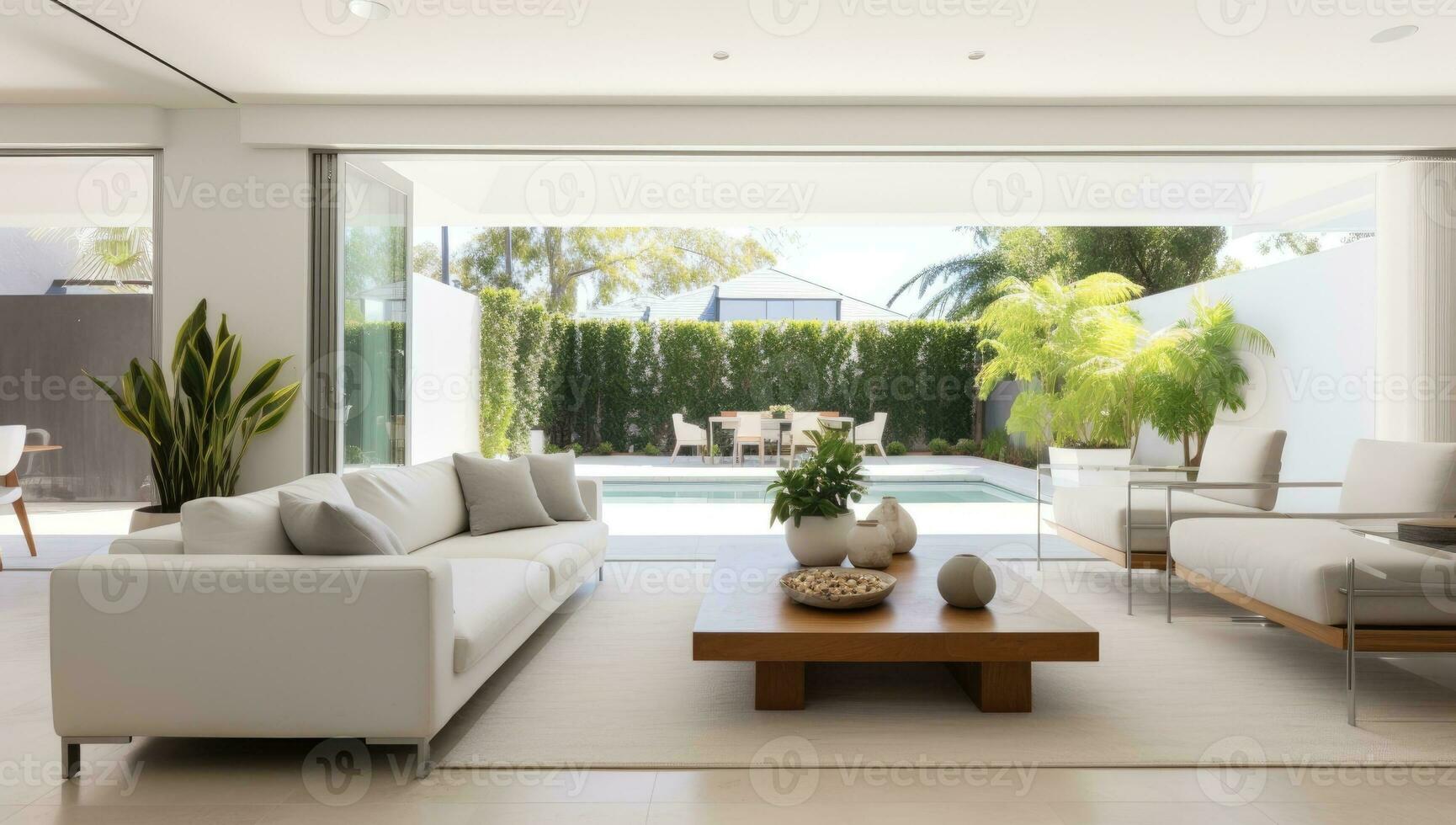 interior de un moderno vivo habitación con blanco sofá y café mesa. ai generado. foto