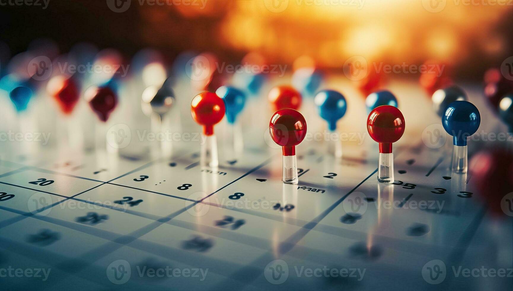 Selective focus on red and blue push pin on calendar with light background. AI Generated. photo
