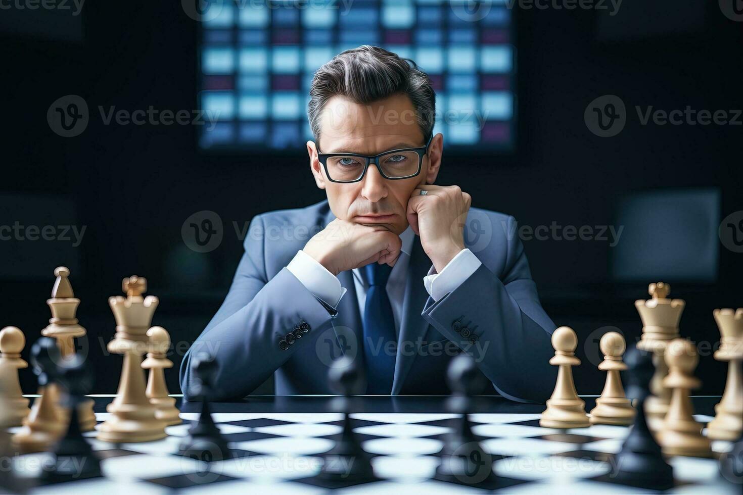 Portrait of serious businessman sitting at chessboard and looking at camera. AI Generated. photo