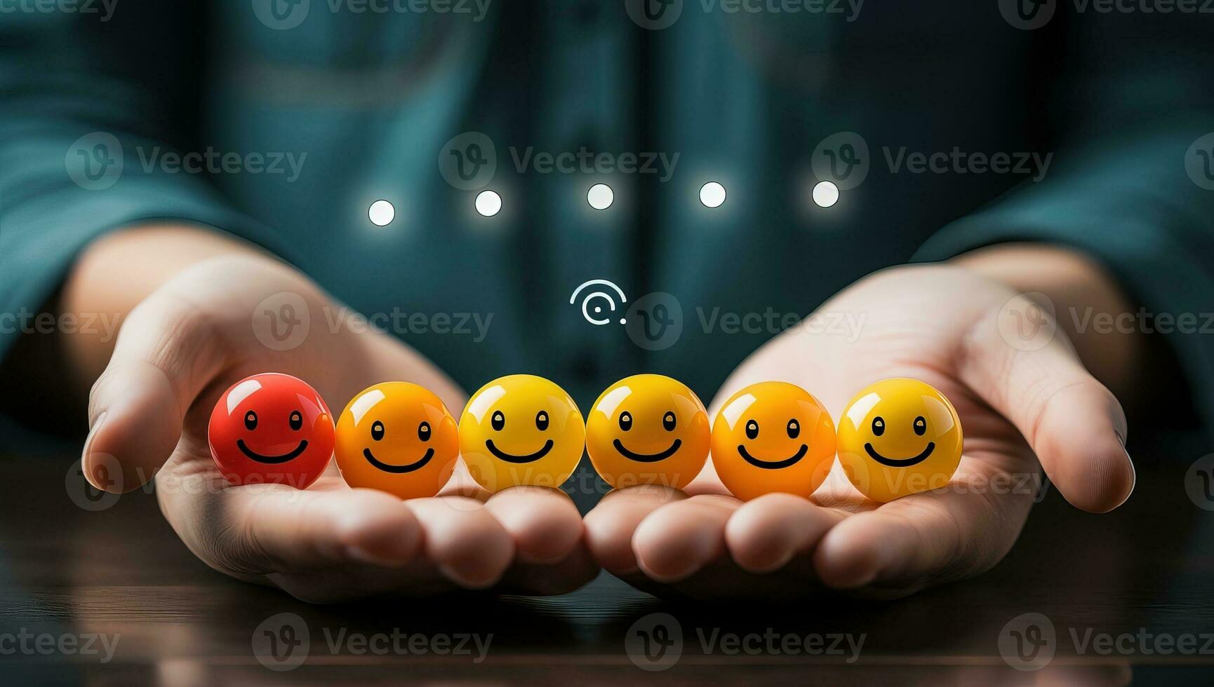 cerca arriba de empresario manos participación sonriente emoticonos cliente satisfacción concepto. ai generado. foto