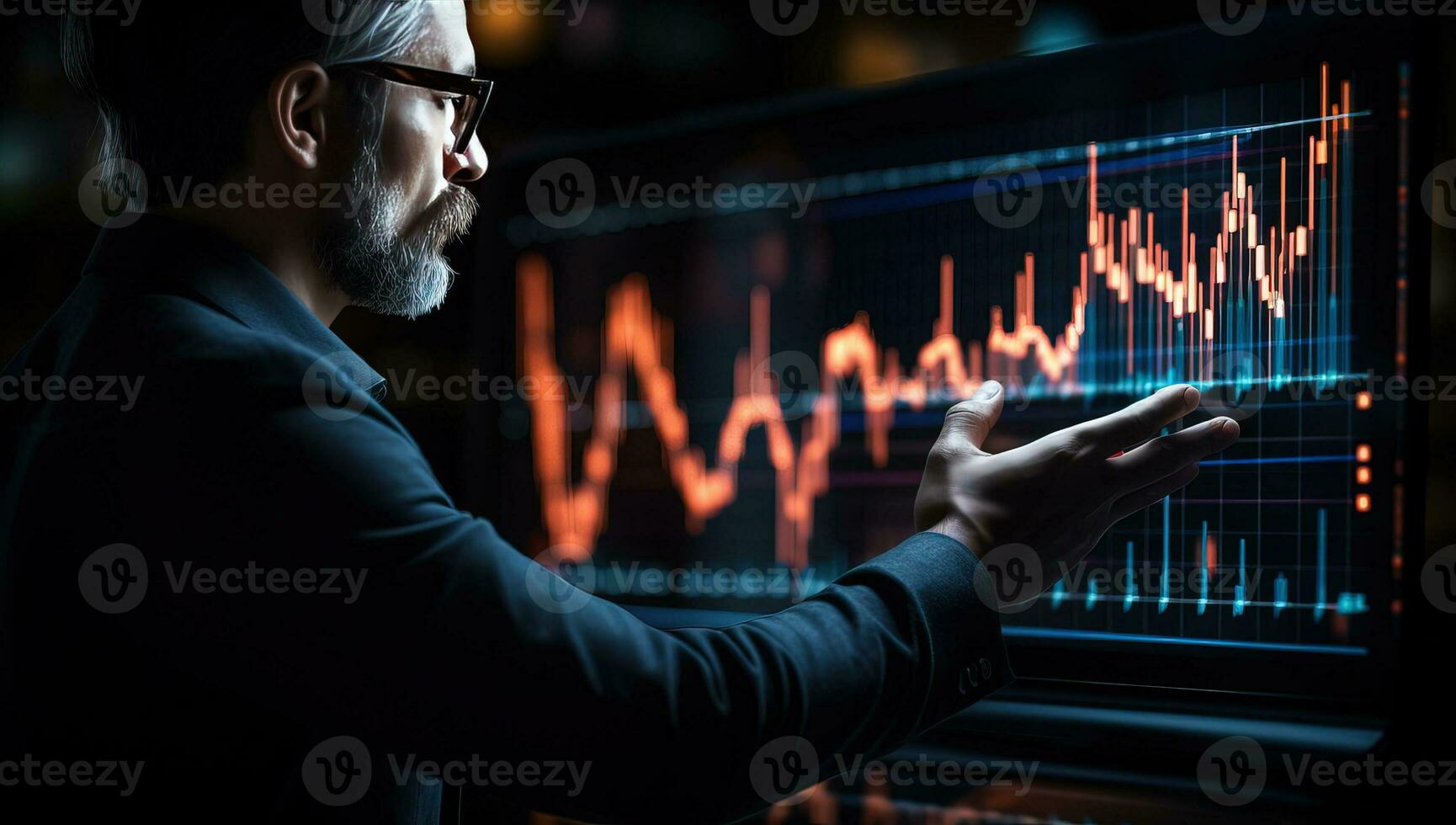 Businessman working on stock market chart. Investment and trading concept. AI Generated. photo