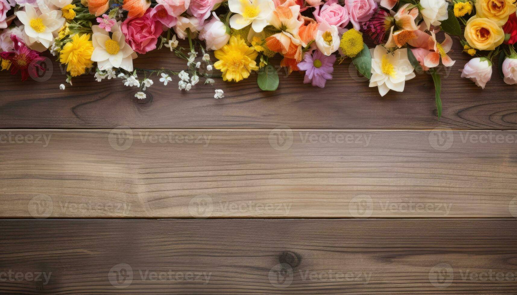 Flowers on wooden background with copy space for text. Top view. AI Generated. photo