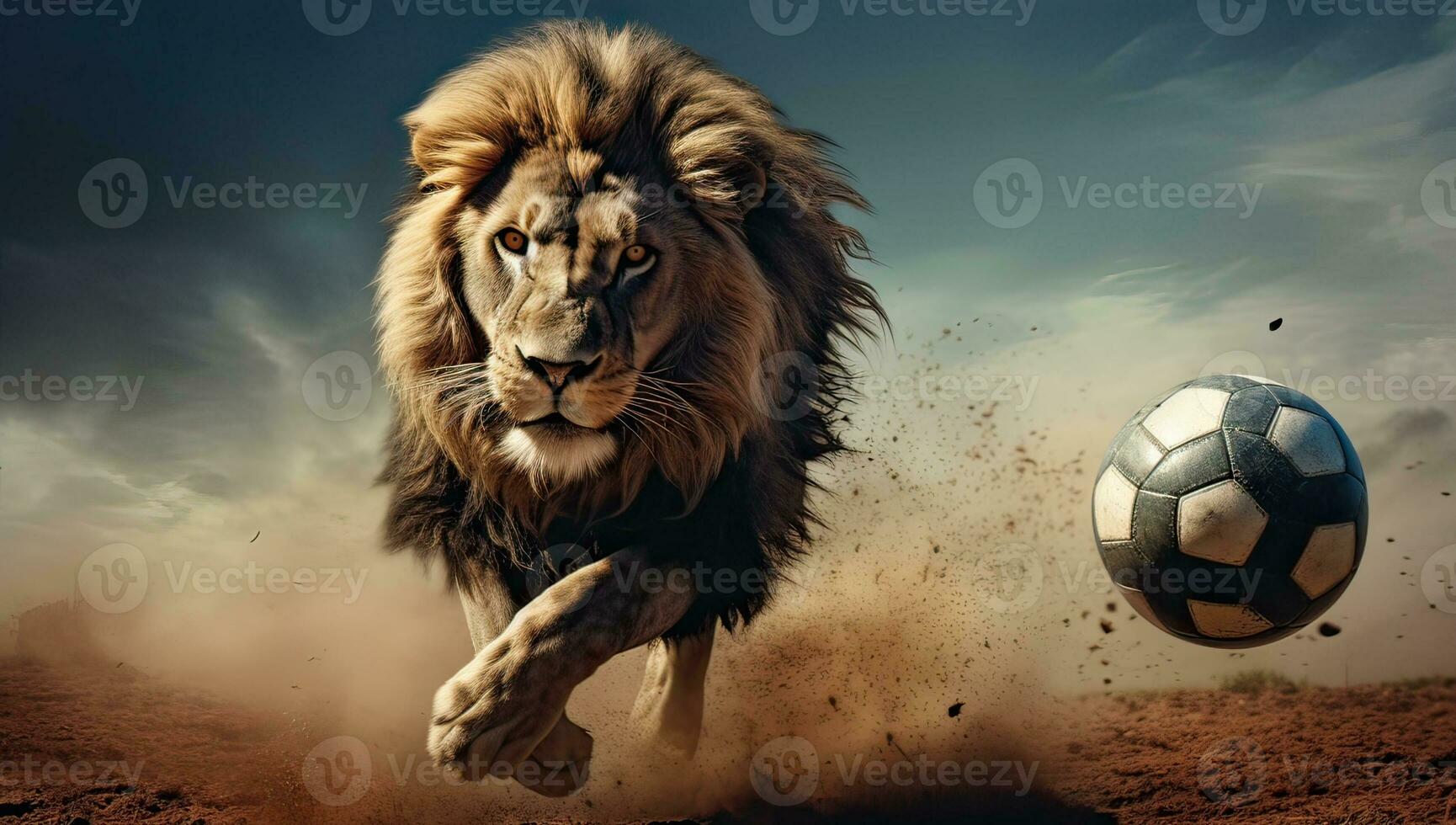 Lion running with a soccer ball and dust in the background. AI Generated. photo