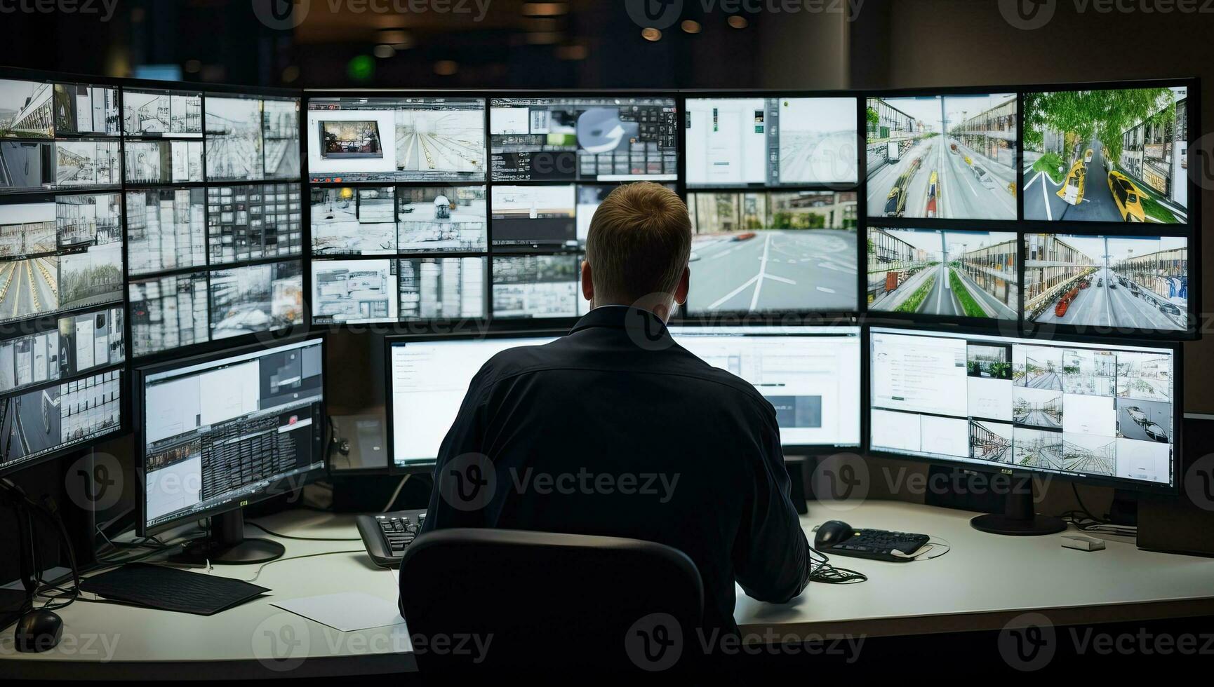 Rear view of security guard monitoring CCTV cameras in surveillance room. AI Generated. photo