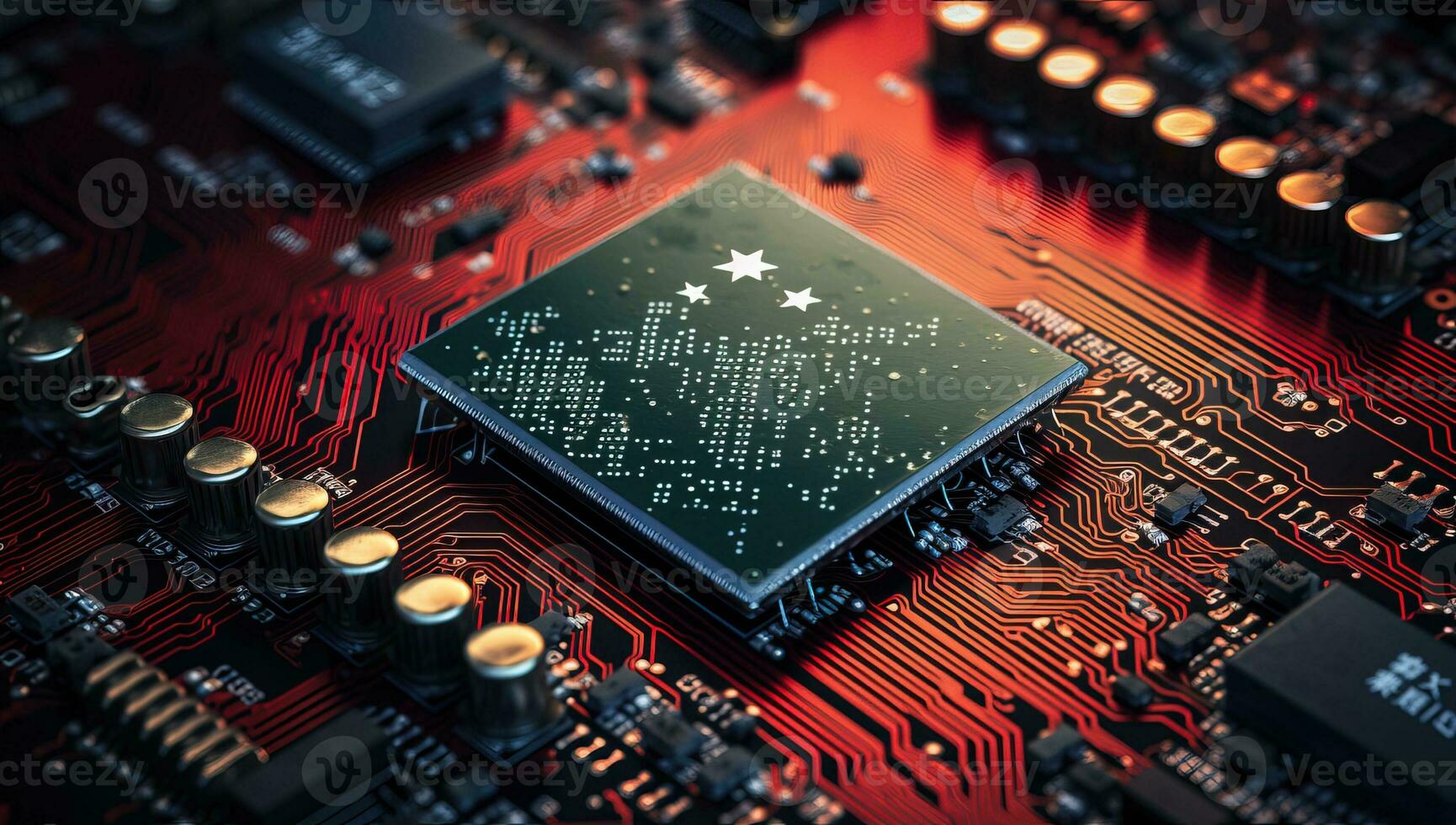 Close-up of electronic circuit board with processor and microchips. AI Generated. photo