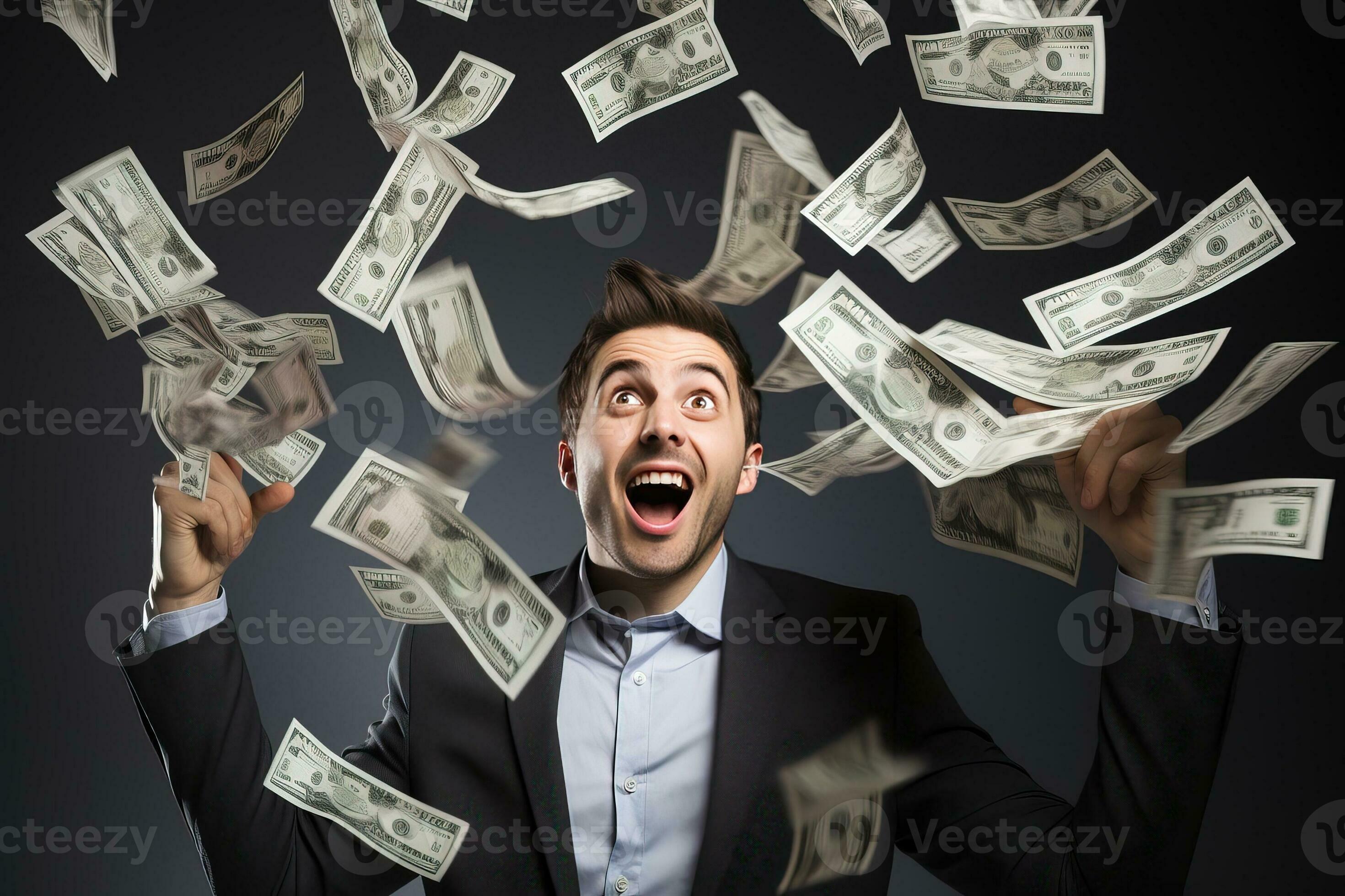 Portrait of a young man in a suit throwing money into the air. AI