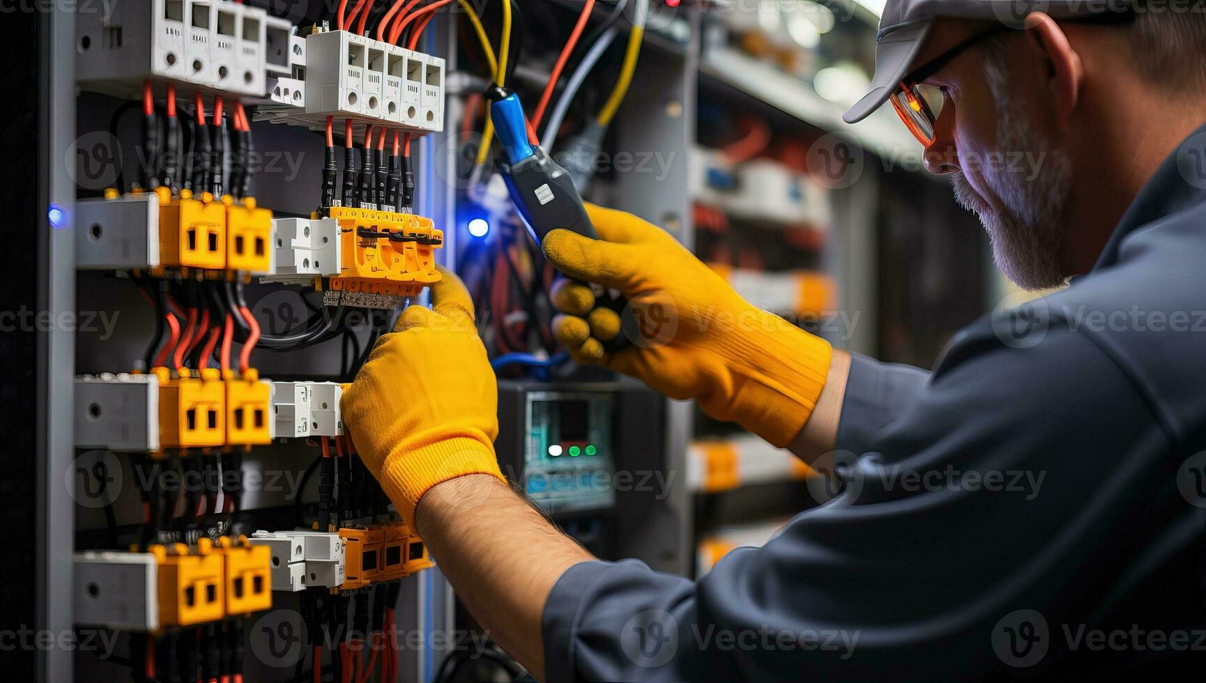 electricista trabajando en fusible caja, de cerca. eléctrico panel. ai generado. foto