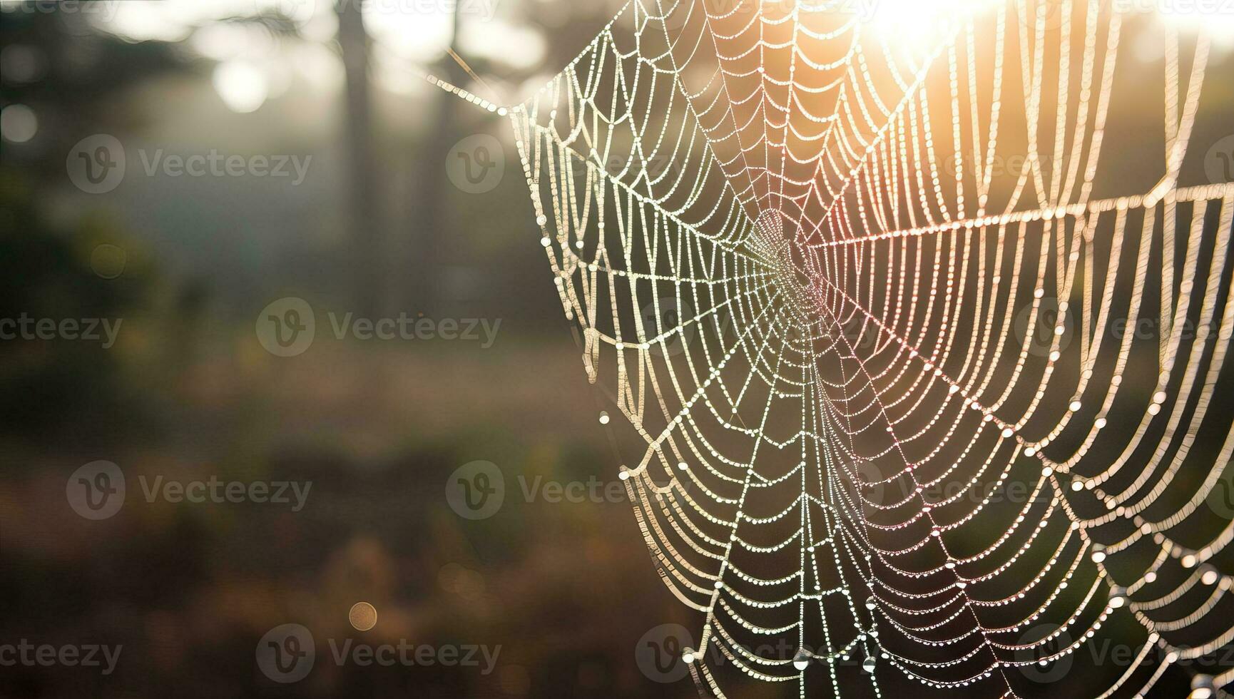 Spider web with dew drops in morning light. Nature background. AI Generated. photo