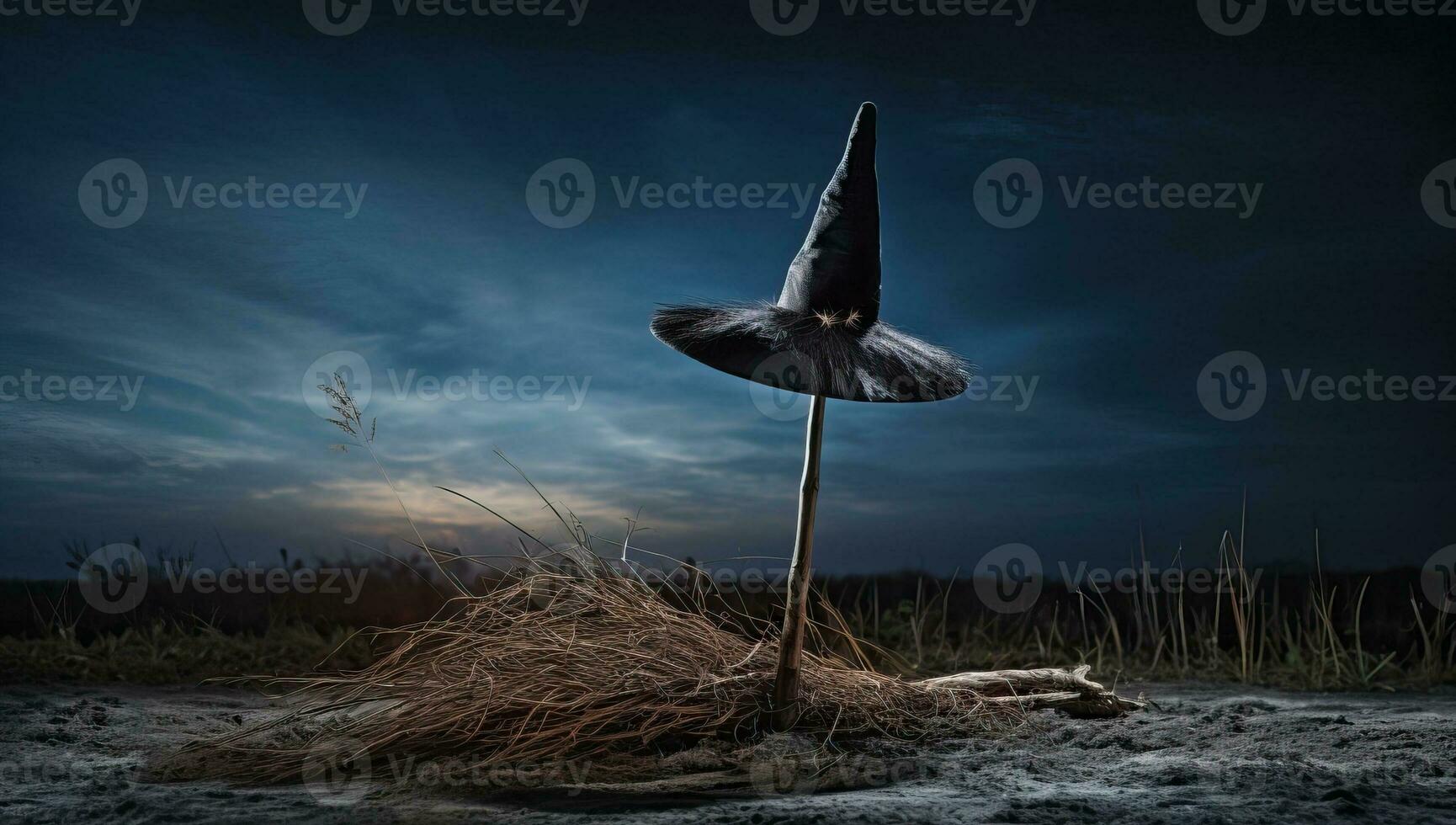 Witch hat on a broomstick in the dark. Halloween concept. AI Generated. photo