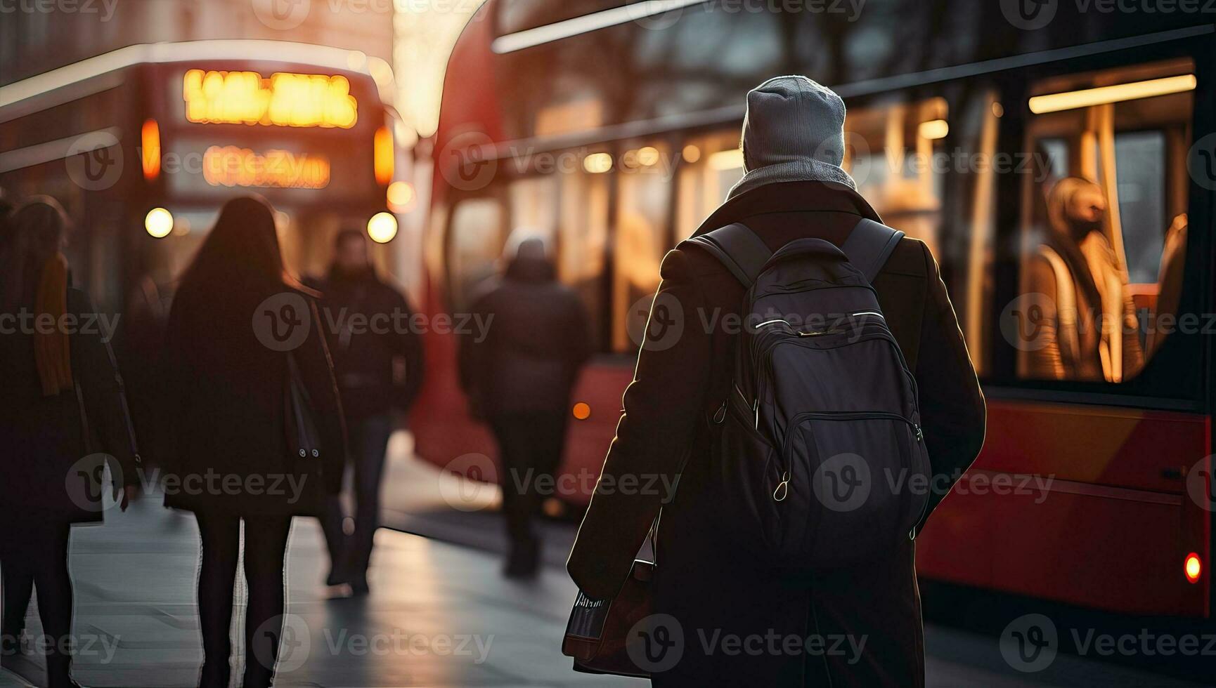 Back view of young man with backpack standing in front of public transport. AI Generated. photo