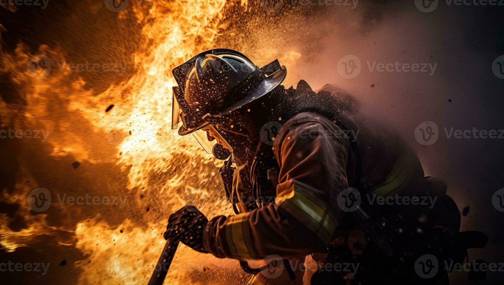 Firefighter fighting a fire with a fire hose in a burning building. AI Generated. photo