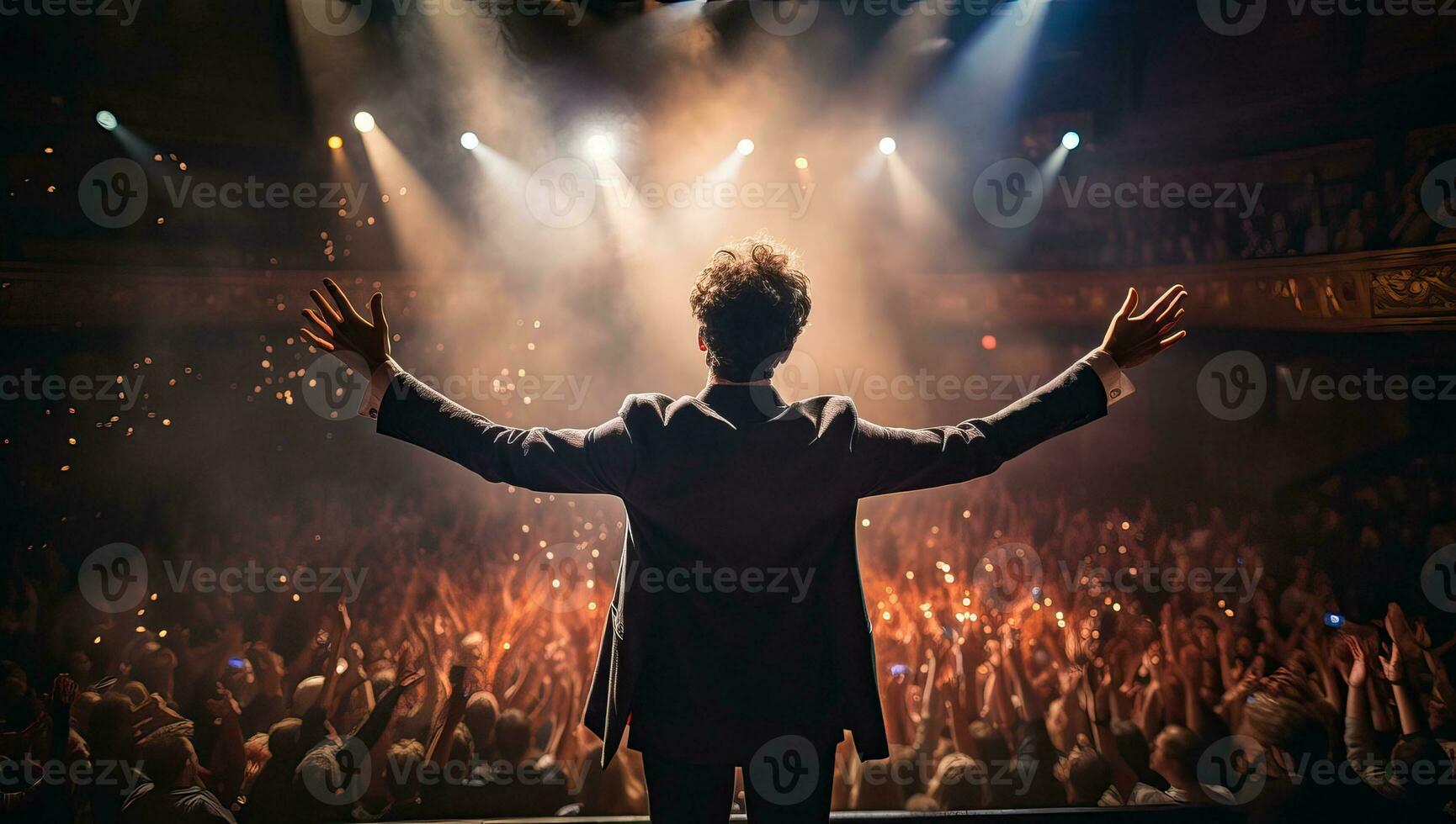 Rear view of a man with raised hands in front of a concert hall. AI Generated. photo