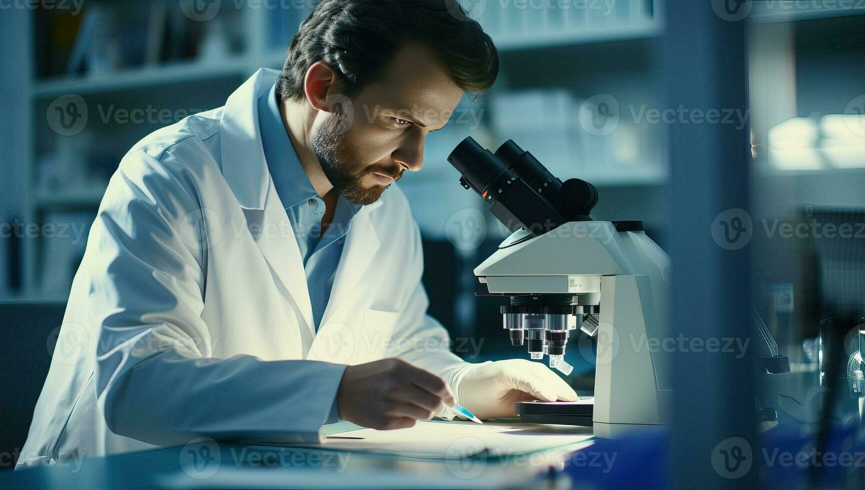 grave masculino científico mirando mediante microscopio en laboratorio. ai generado. foto