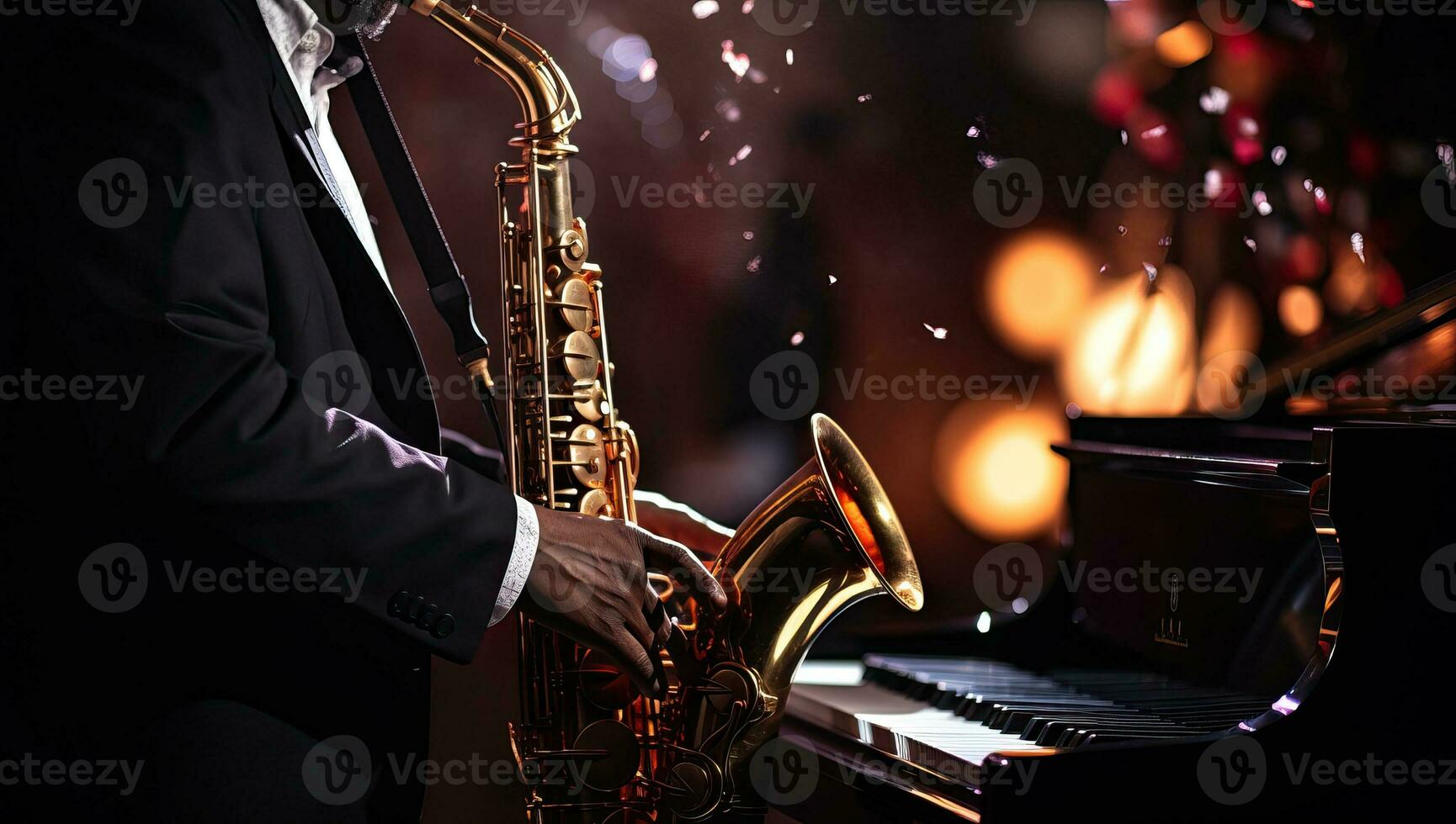 Saxophonist playing the saxophone on a dark background. Close-up. AI Generated. photo