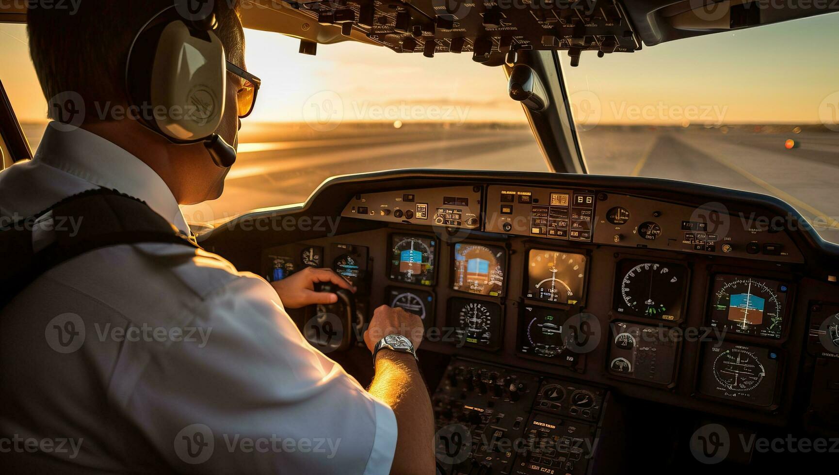 Pilot in the cockpit of a plane during flight at sunset. AI Generated. photo