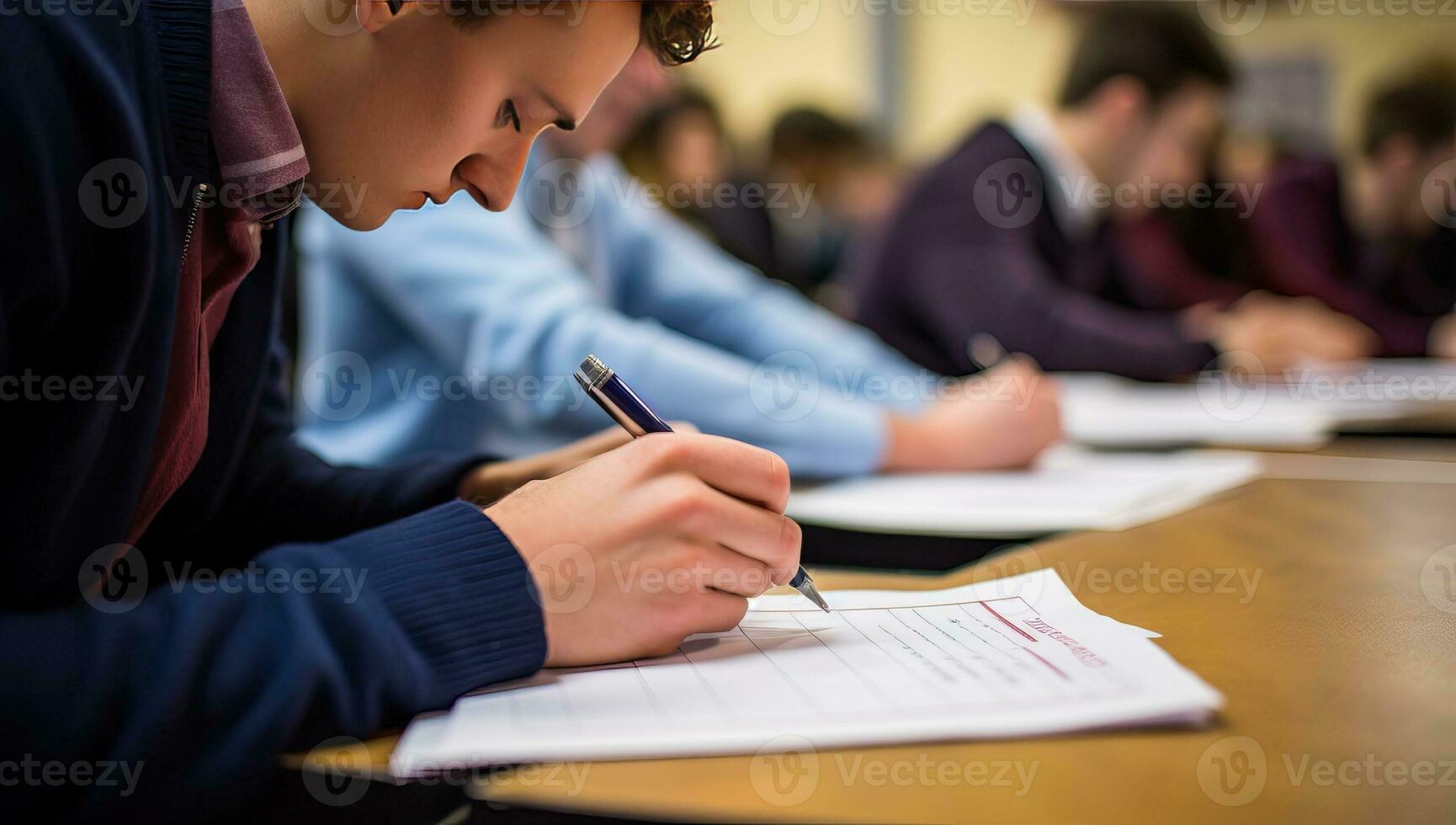 High school students writing in notebook in classroom. Education and learning concept. AI Generated. photo