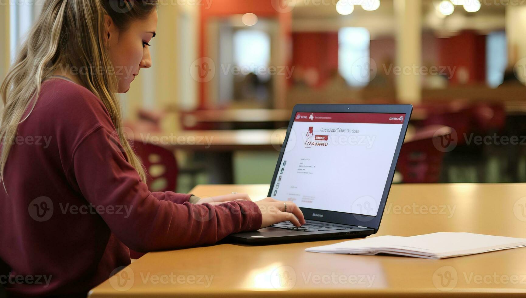 Young woman sitting in cafe and using laptop computer with e-mail on screen. AI Generated. photo
