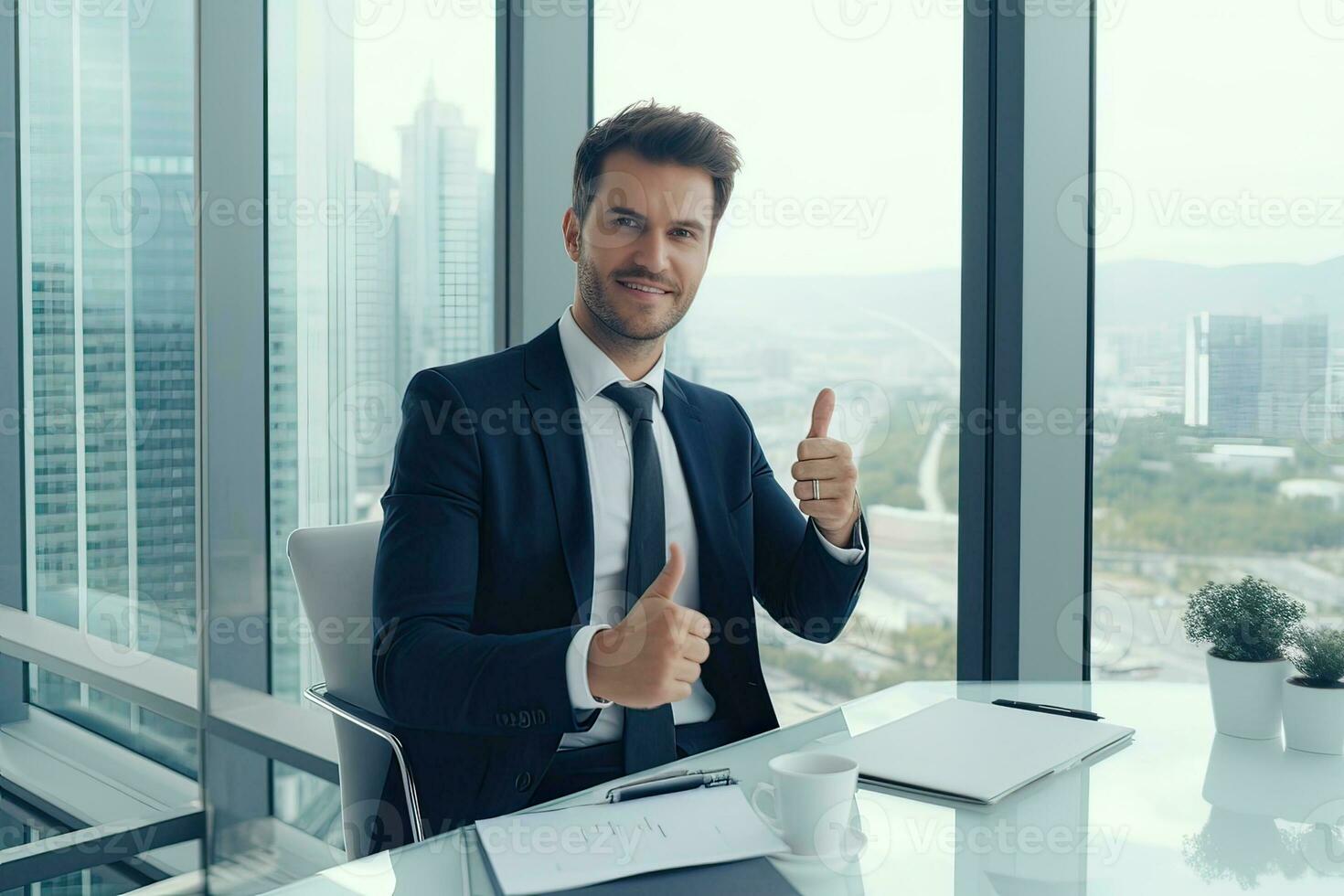 Handsome businessman is showing thumbs up gesture and smiling while working in office. AI Generated. photo