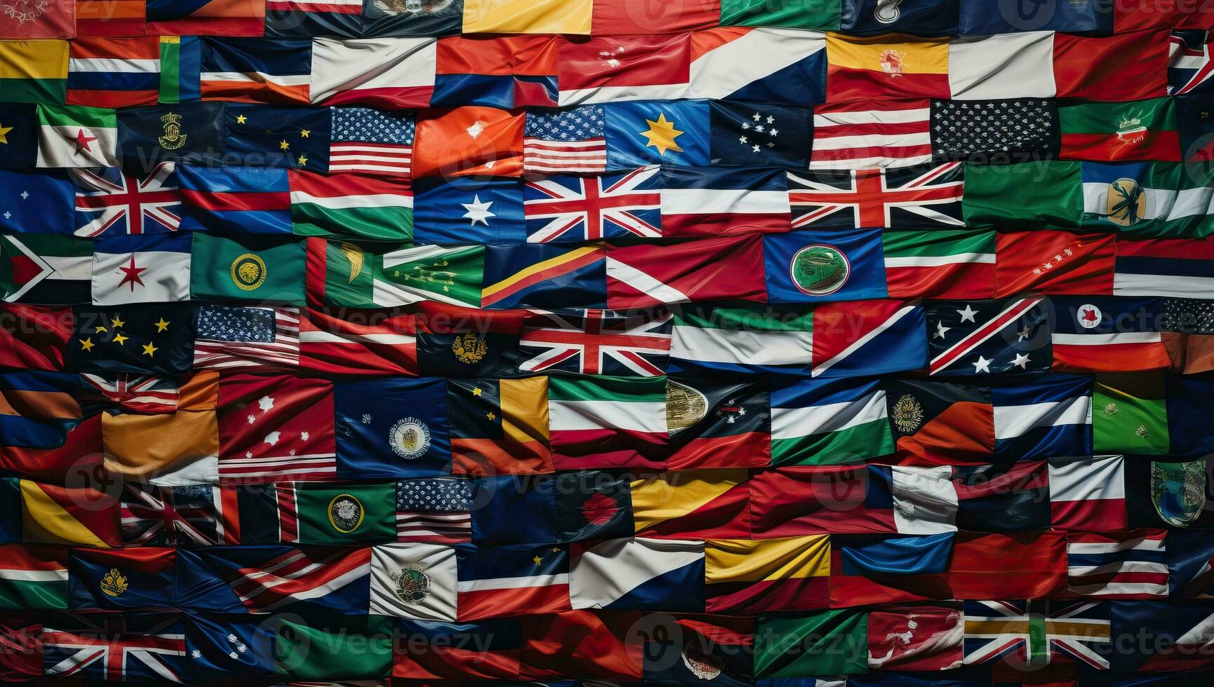 Background of many flags of the world. The concept of international relations. AI Generated. photo