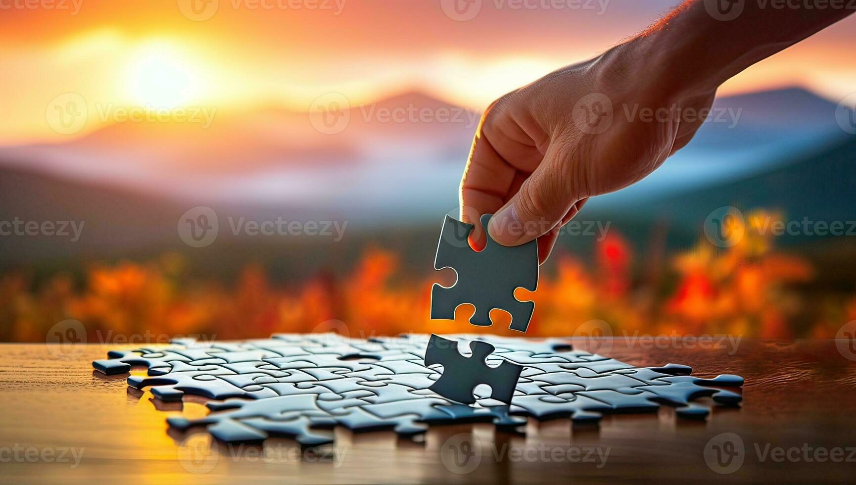 Hand connecting jigsaw puzzle piece on nature background. Business solution concept. AI Generated. photo