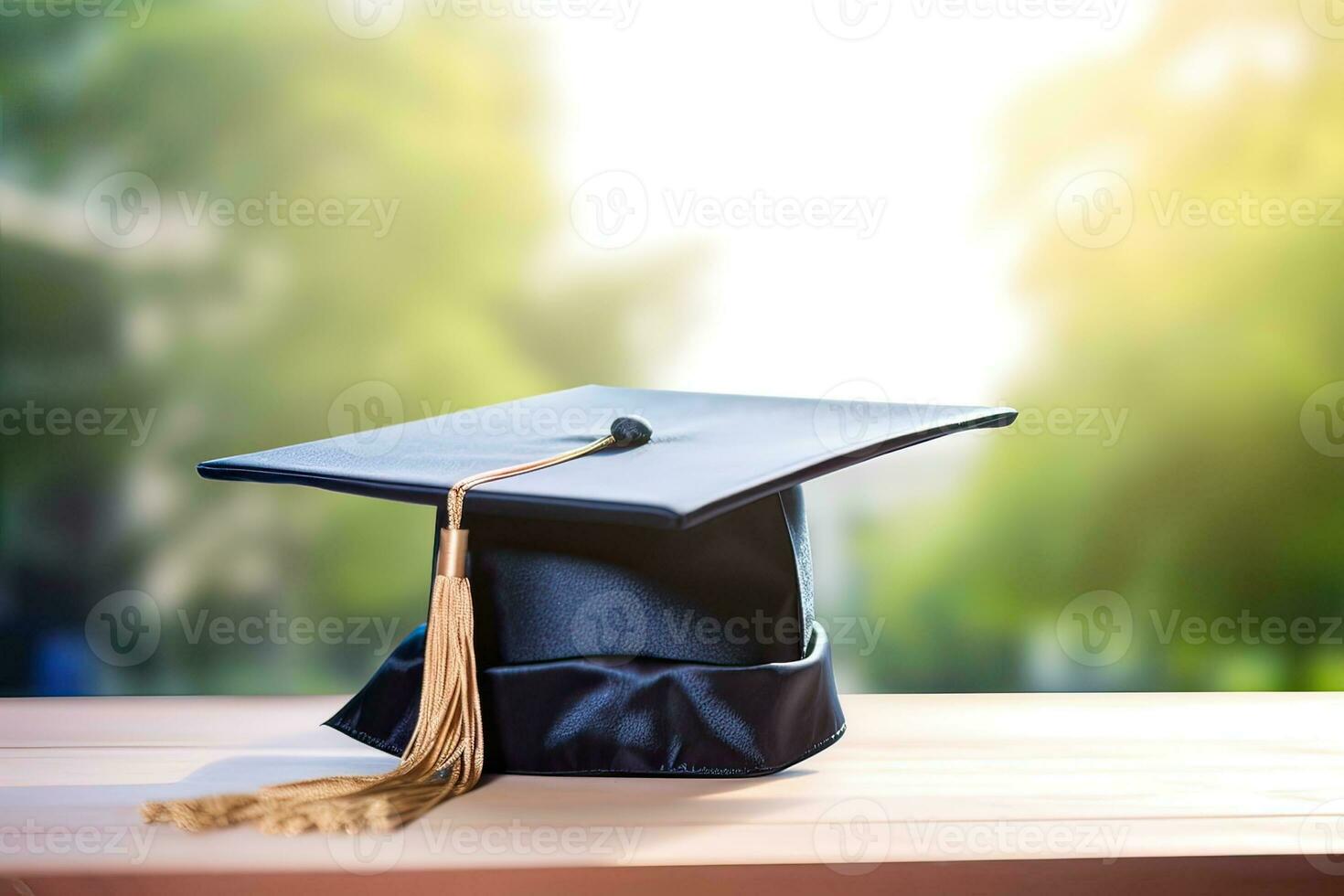 Graduation cap and mortarboard on wooden table with blur nature background. AI Generated. photo