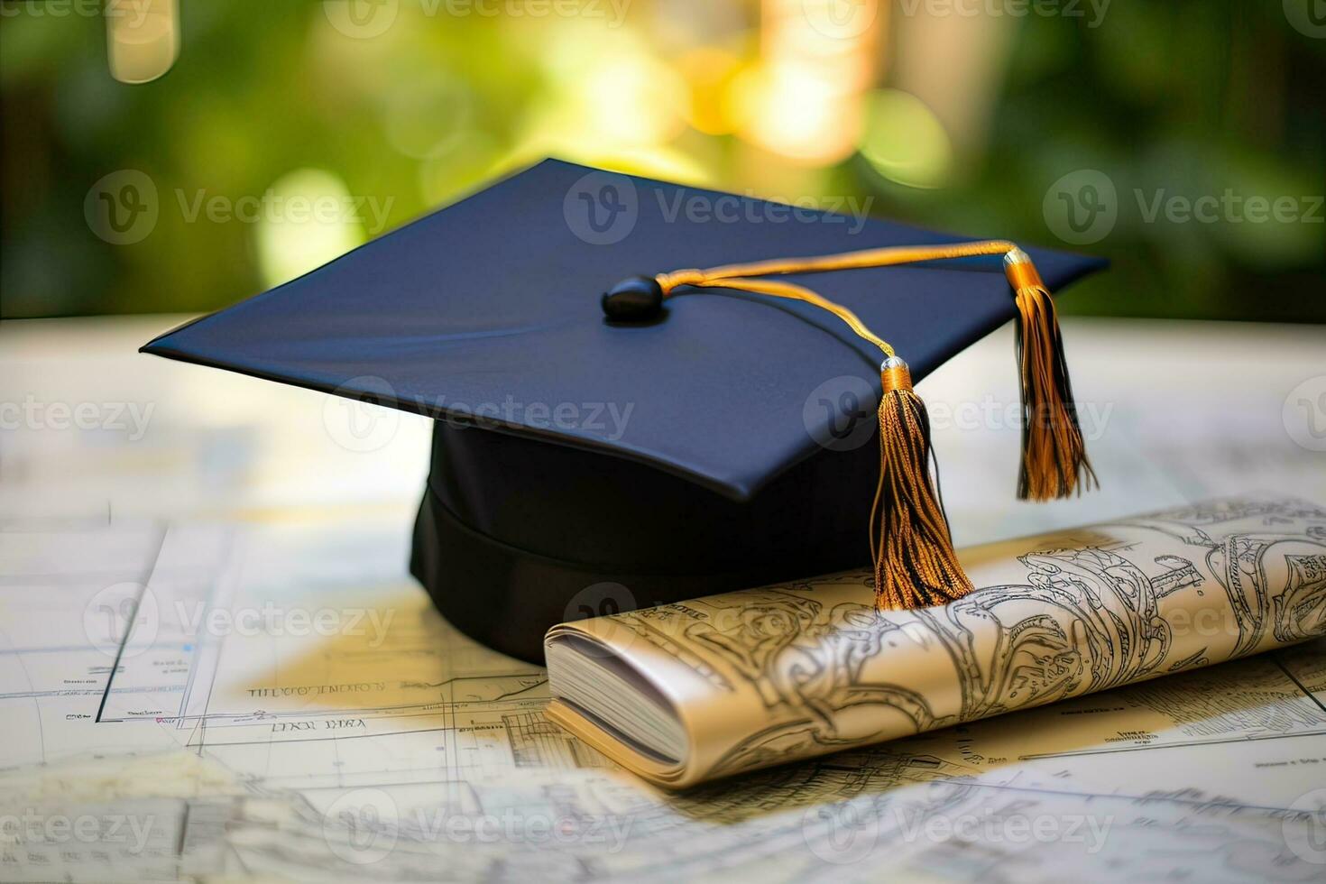 Graduation cap and diploma on the table. Education concept. AI Generated. photo