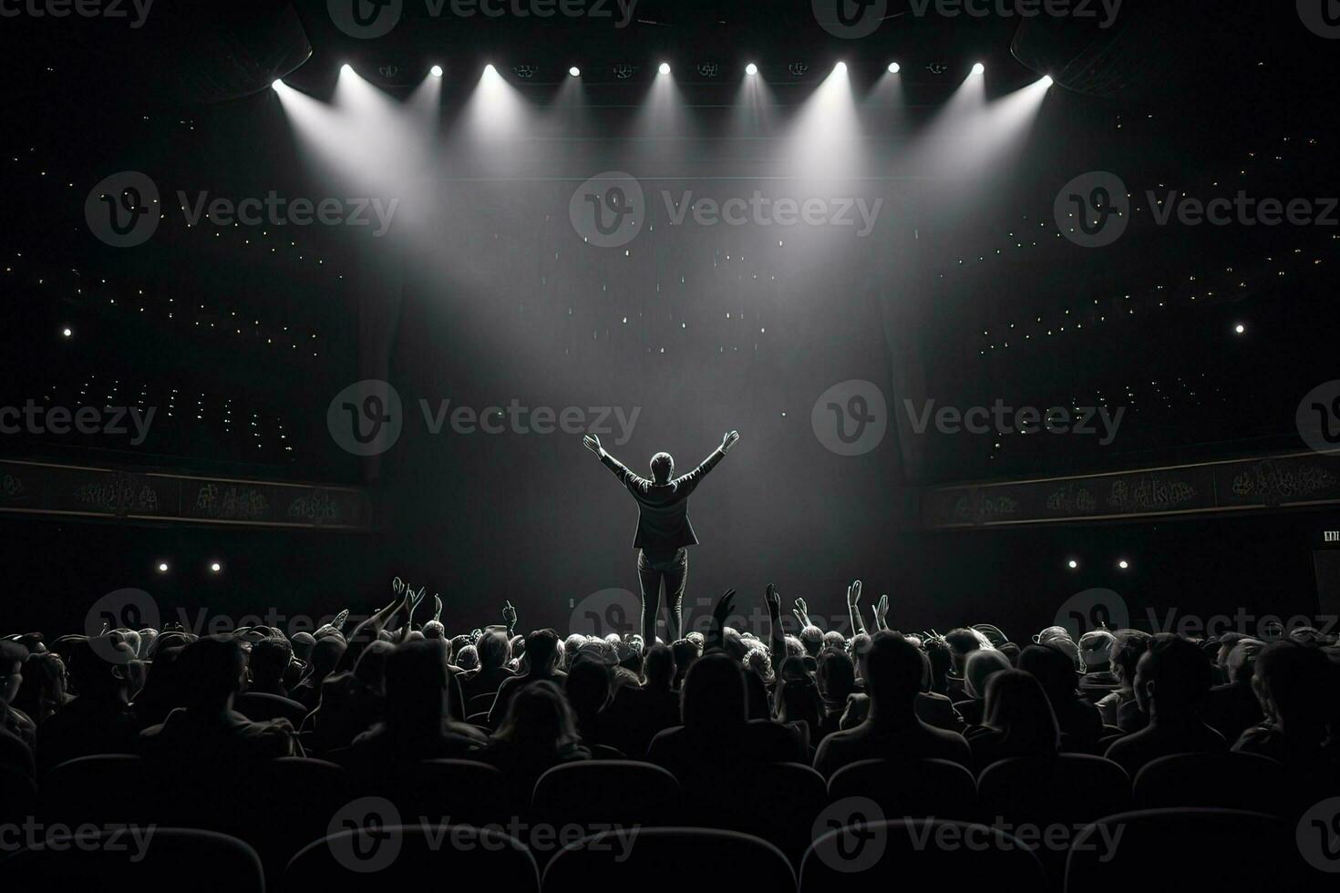 Rear view of a man with raised hands in front of the audience. AI Generated. photo