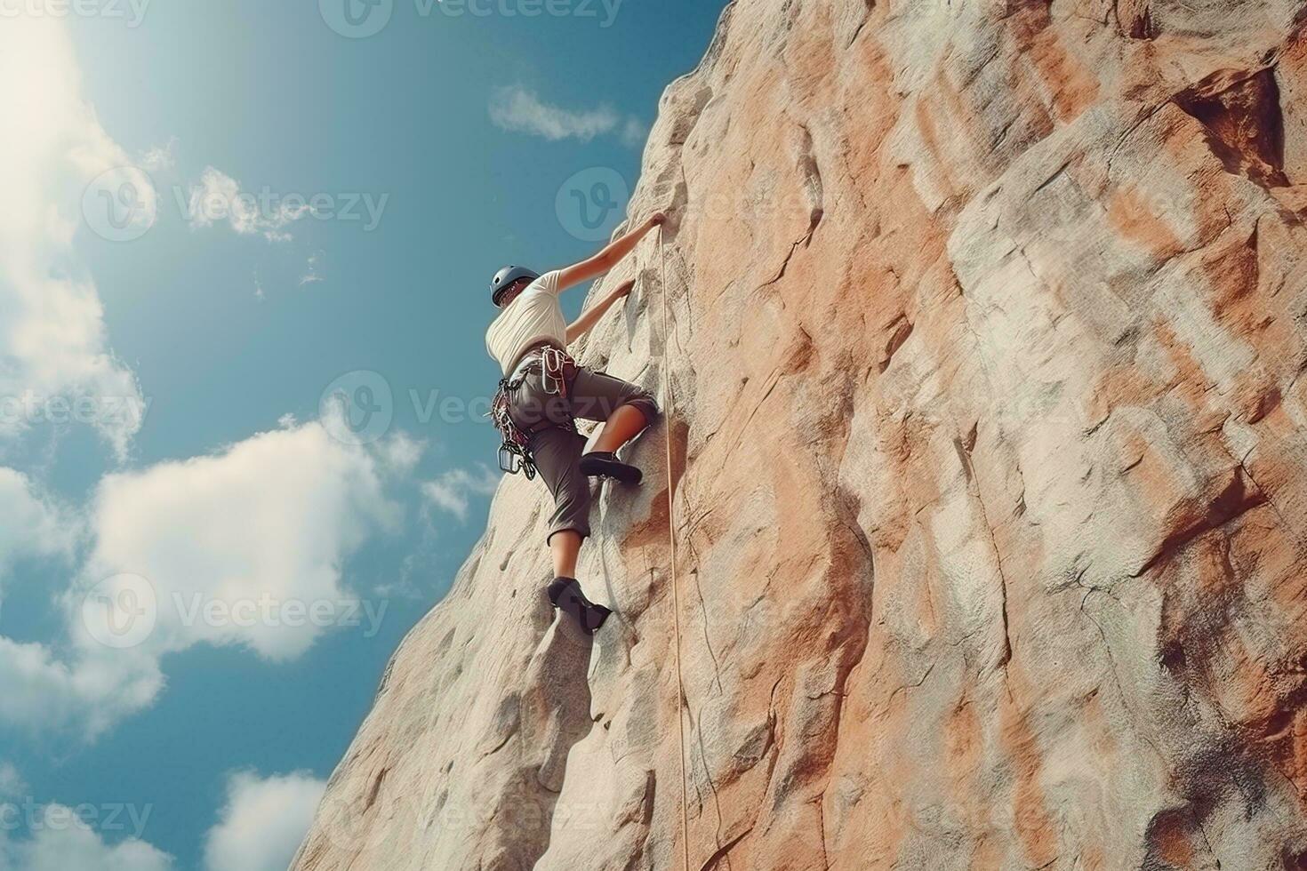 Climber climbs the rock. Extreme hobby. Sport climbing. AI Generated. photo