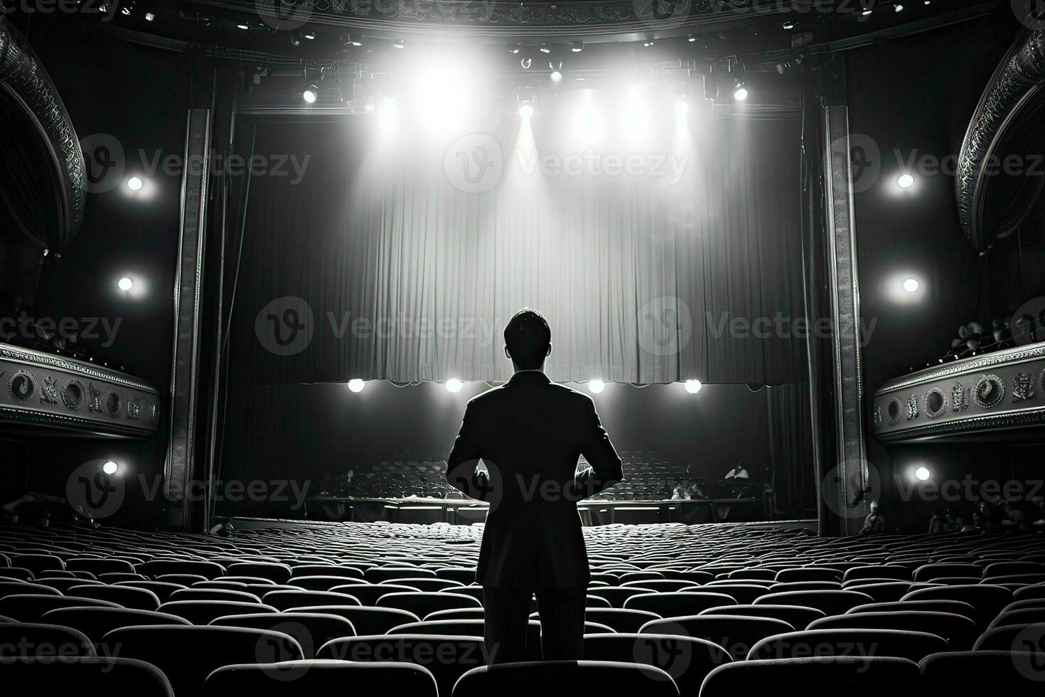 Back view of businessman standing in front of stage and looking at spotlight. AI Generated. photo