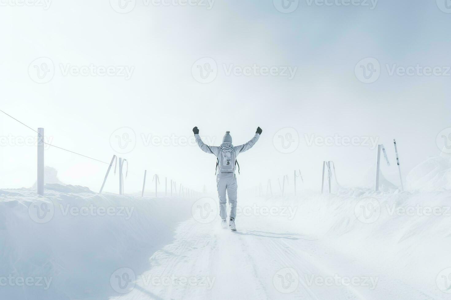 joven mujer en traje caminando en Nevado la carretera. ai generado. foto