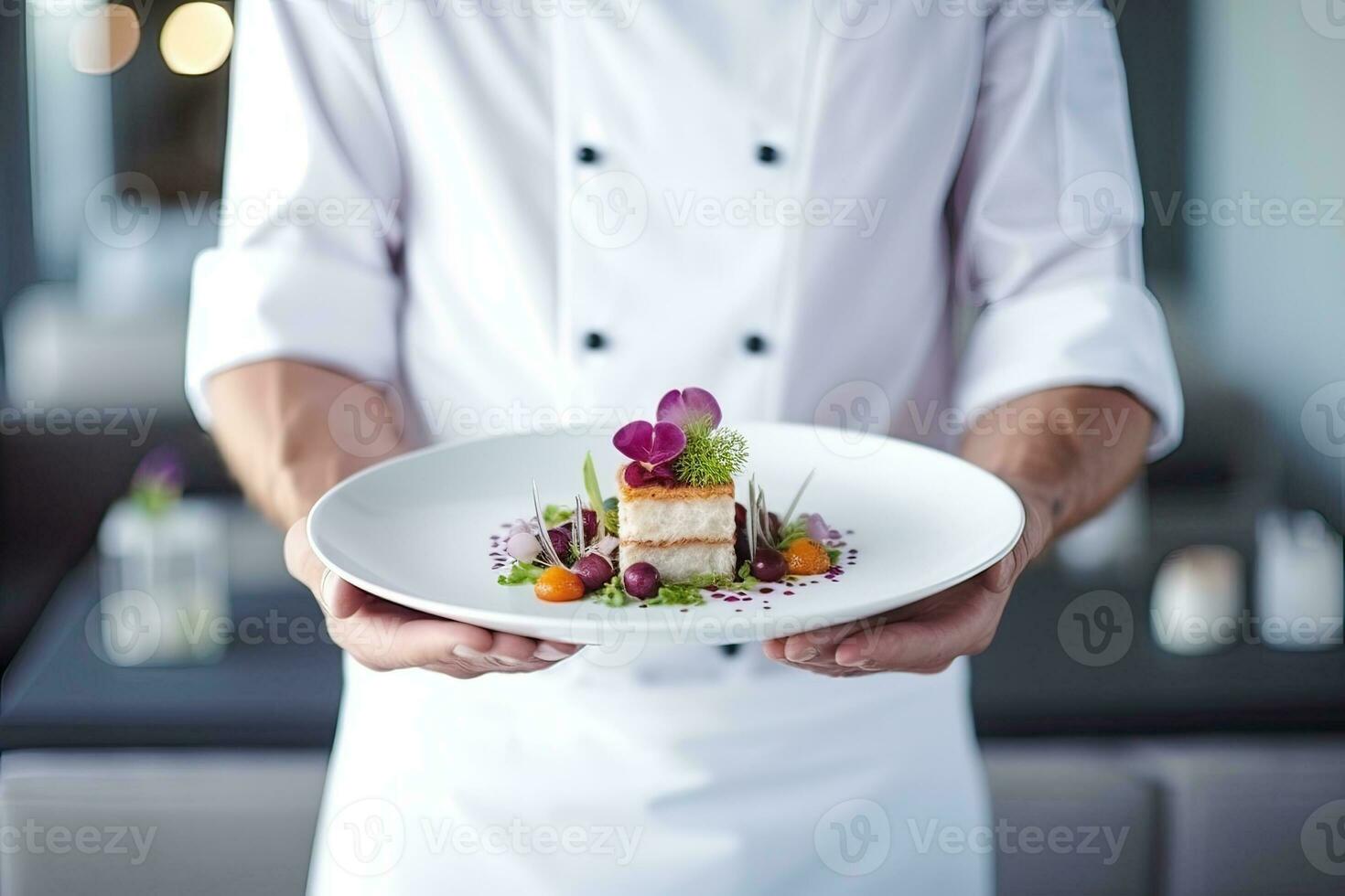 Chef holding a plate with a delicious appetizer in a restaurant. AI Generated. photo